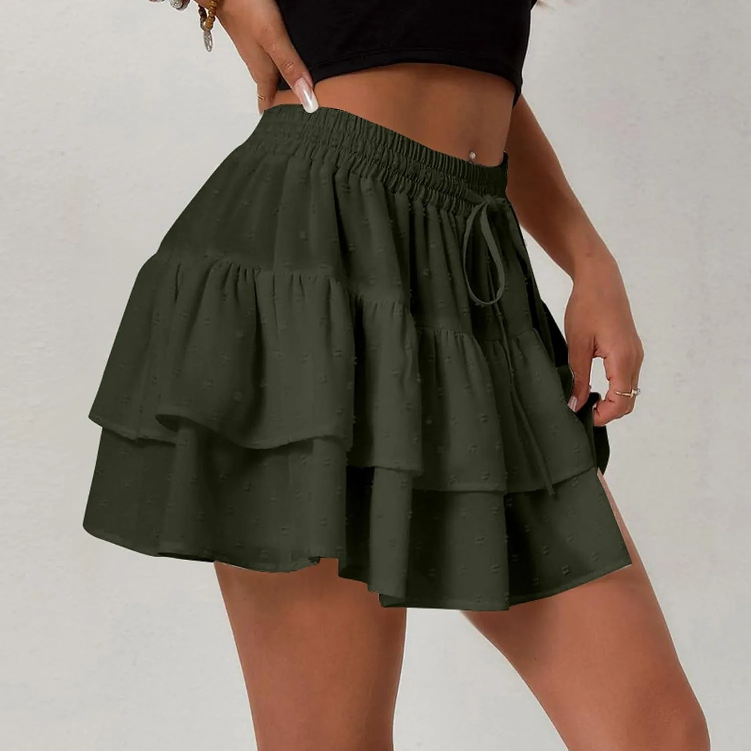 Ruffle Mini Skirts for Women 2025 Cute High Waist A Line Pleated Beach Skirt Drawstring Elastic Waist Skirts
