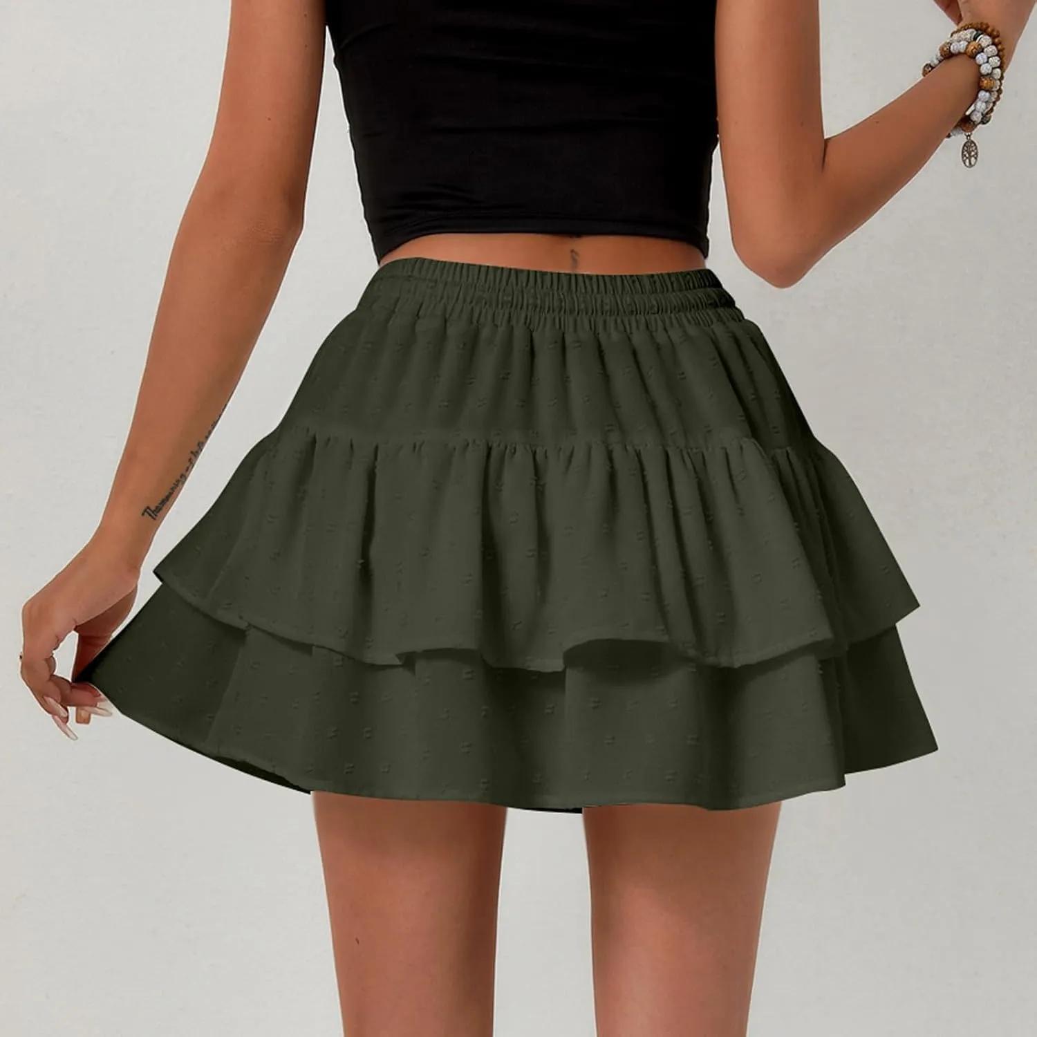 Ruffle Mini Skirts for Women 2025 Cute High Waist A Line Pleated Beach Skirt Drawstring Elastic Waist Skirts
