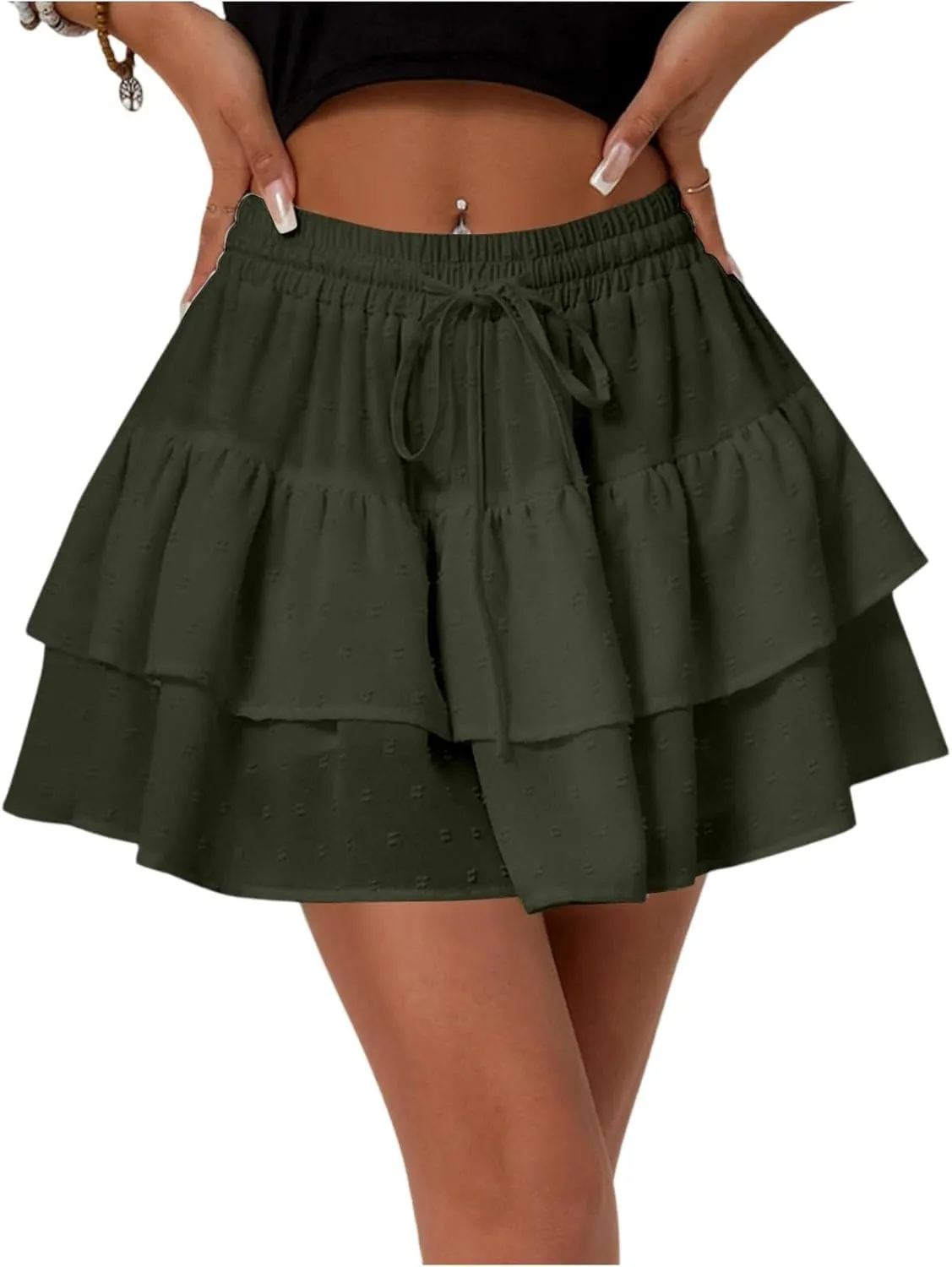 Ruffle Mini Skirts for Women 2025 Cute High Waist A Line Pleated Beach Skirt Drawstring Elastic Waist Skirts