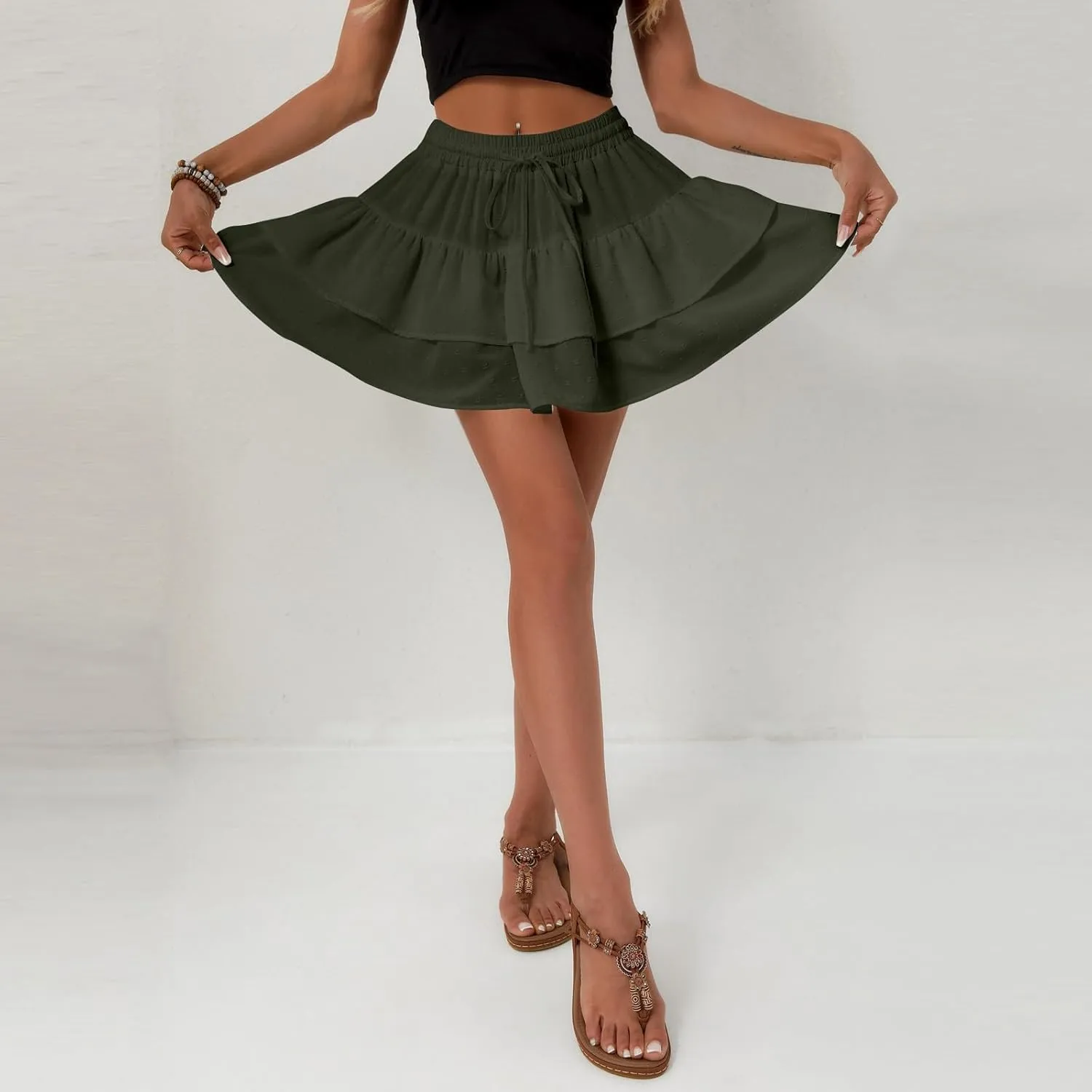Ruffle Mini Skirts for Women 2025 Cute High Waist A Line Pleated Beach Skirt Drawstring Elastic Waist Skirts