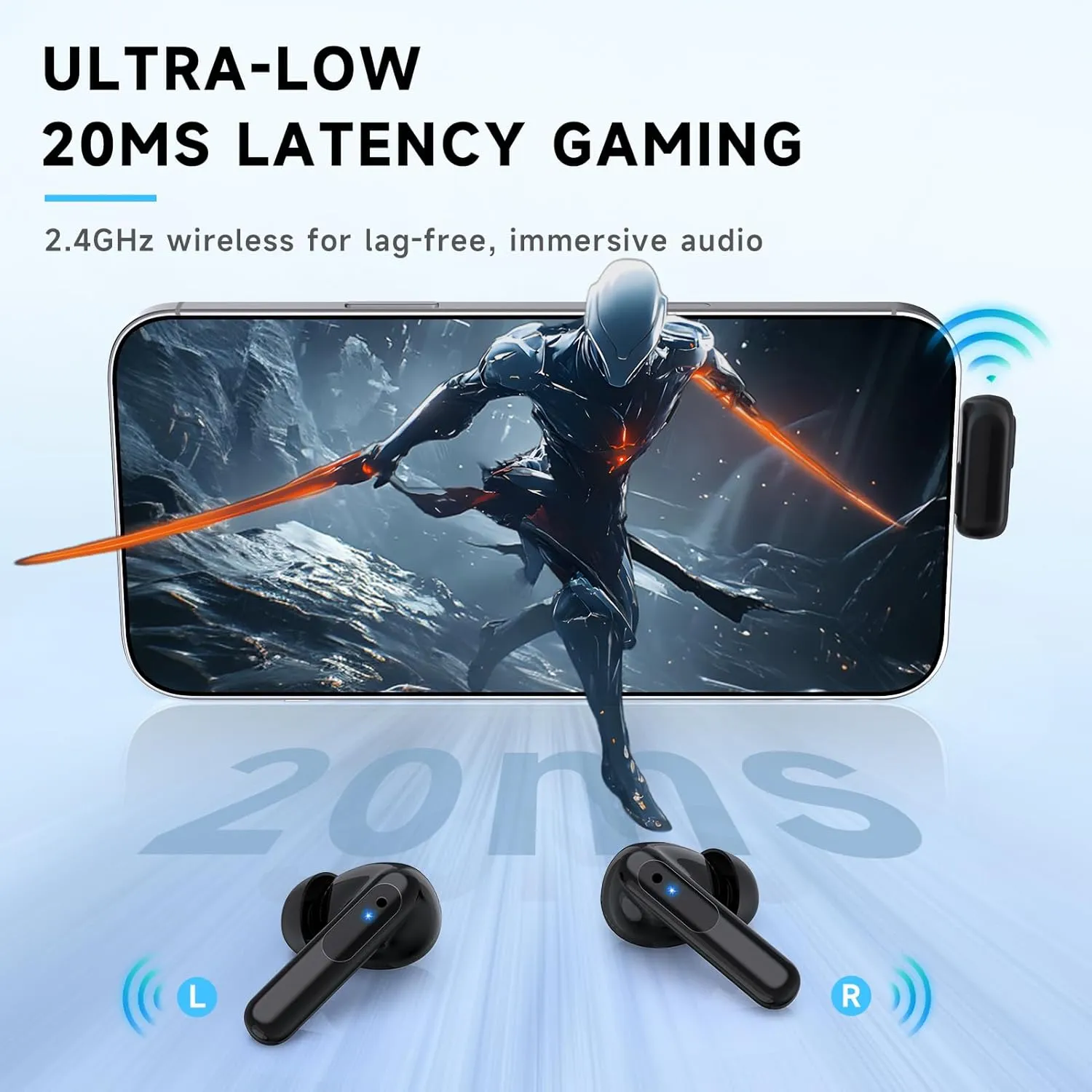 RYR 2.4GHz Wireless Gaming Earbuds, Bluetooth 5.3 in-Ear Headphones Bass Stereo, Gaming Earphones with Noise Cancelling Mic, 36Hrs Playtime for Meta Quest 3/2, PS5/4, VR, Switch, PC, Phone-Black
