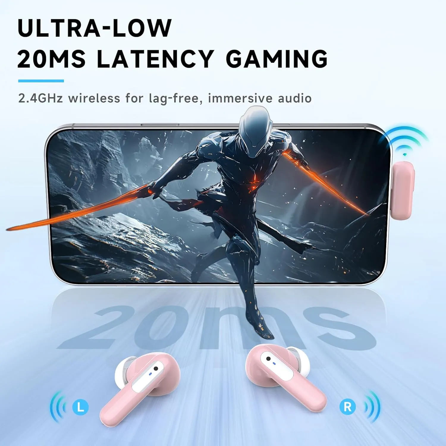 RYR 2.4GHz Wireless Gaming Earbuds, Bluetooth 5.3 in-Ear Headphones Bass Stereo, Gaming Earphones with Noise Cancelling Mic, 36Hrs Playtime for Meta Quest 3/2, PS5/4, VR, Switch, PC, Phone-Rose