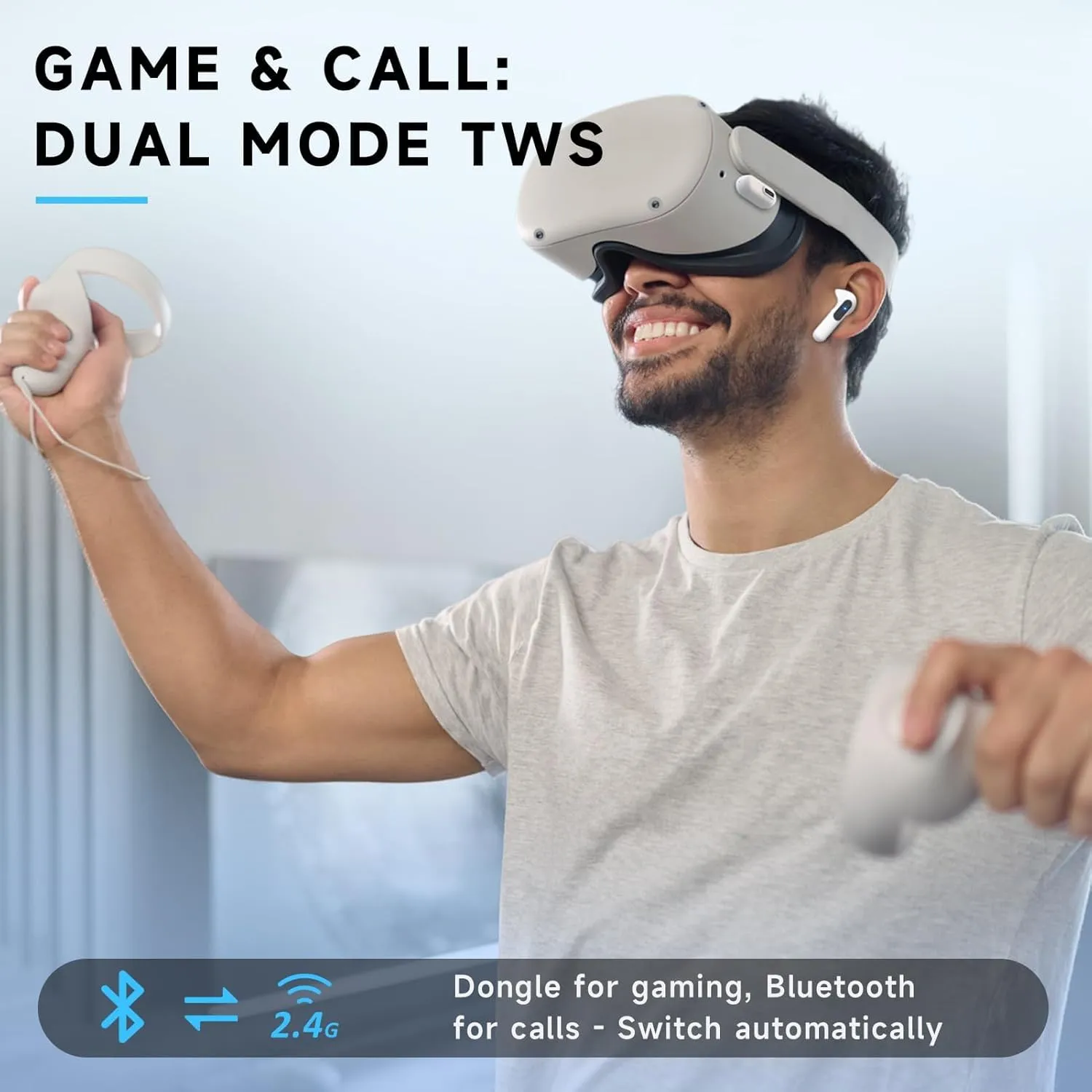 RYR 2.4GHz Wireless Gaming Earbuds, Bluetooth 5.3 in-Ear Headphones Bass Stereo, Gaming Earphones with Noise Cancelling Mic, LED Display, 36Hs Playtime for Meta Quest 3/2, PS5/4, VR, Switch, PC, Phone