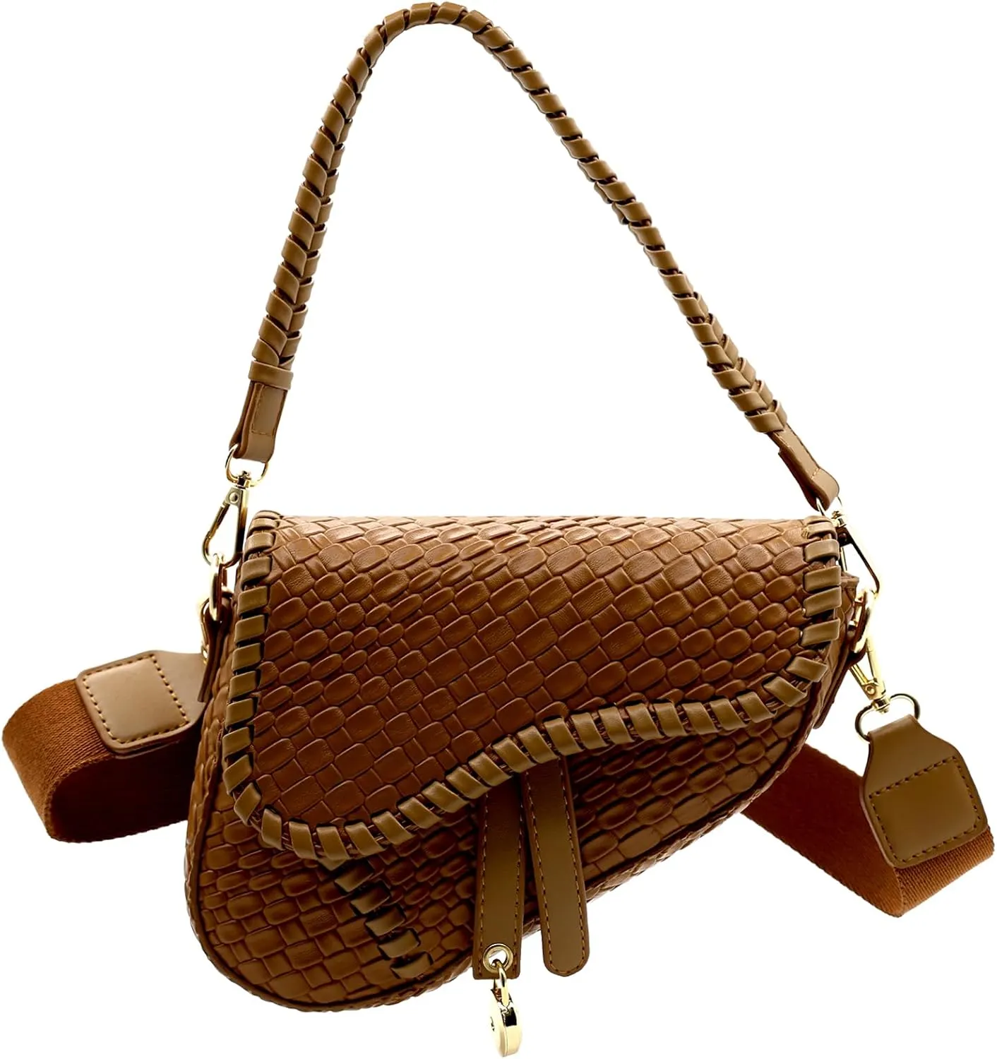 Saddle Crossbody Bag for Women Small Satchel Clutch Woven Croc Look Purse Genuine Leather Handbag