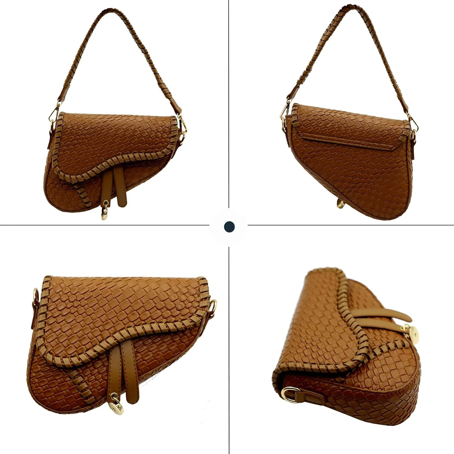 Saddle Crossbody Bag for Women Small Satchel Clutch Woven Croc Look Purse Genuine Leather Handbag