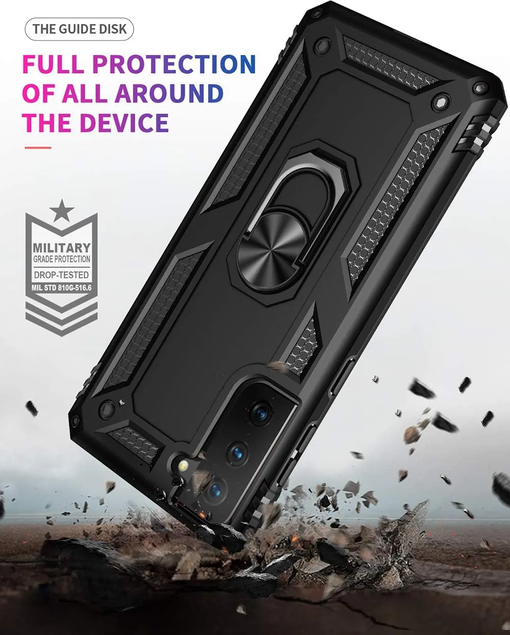 Samsung Galaxy S21 Plus 5G Case - Military Grade Drop Impact, 360 Metal Rotating Ring Kickstand Holder, Armor Heavy Duty Shockproof (Black)