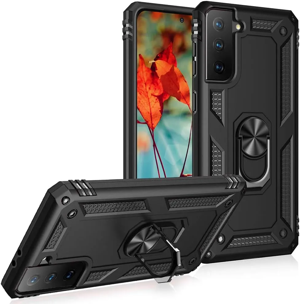 Samsung Galaxy S21 Plus 5G Case - Military Grade Drop Impact, 360 Metal Rotating Ring Kickstand Holder, Armor Heavy Duty Shockproof (Black)