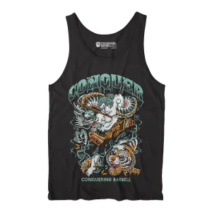 Samurai vs Dragon vs Tiger - on Black tank top