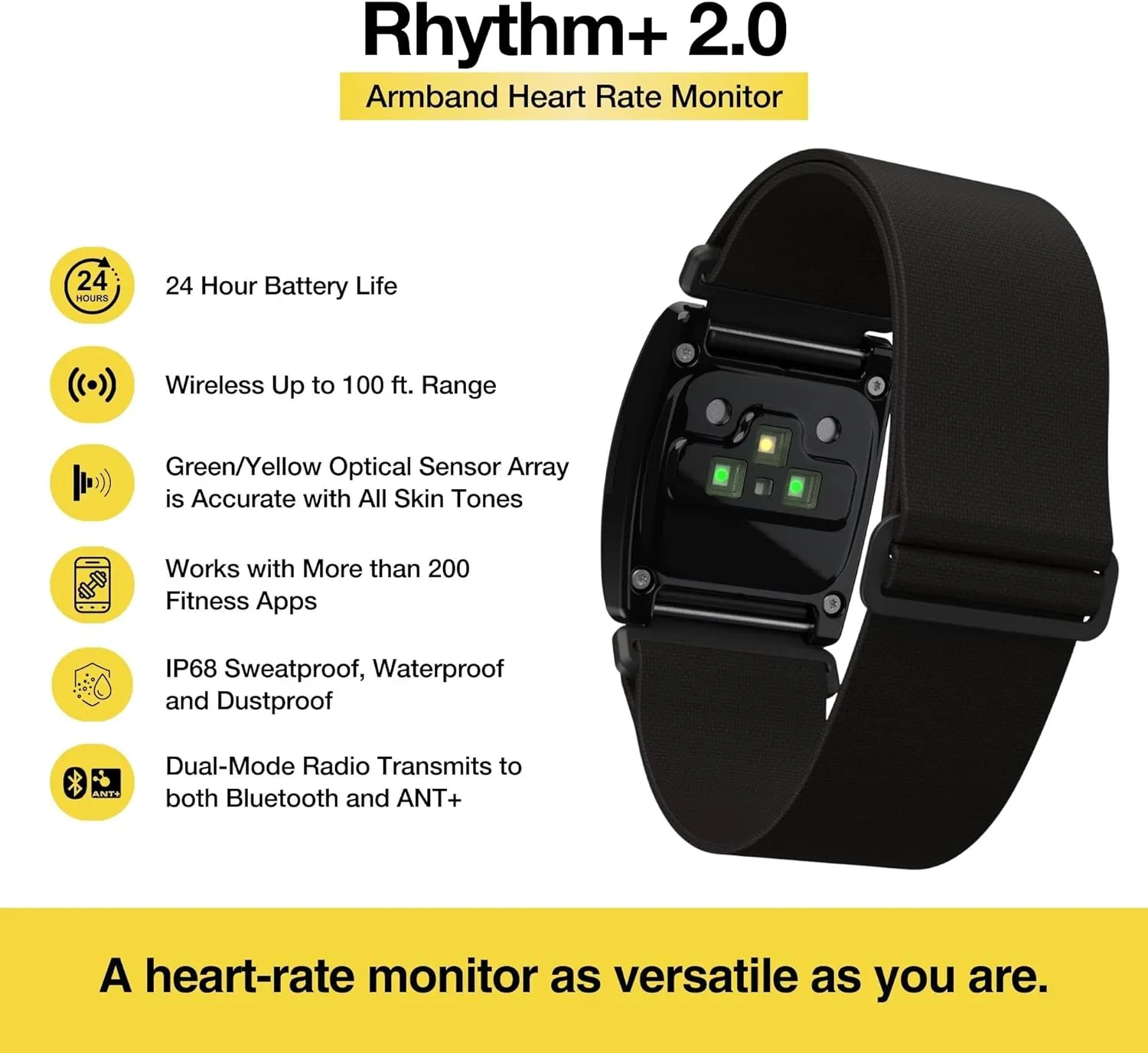 Scosche Rhythm R 2.0: Advanced Waterproof & Dustproof Heart Rate Monitor Armband with ANT  & BLE Bluetooth Smart for Accurate Workout Tracking Compatible with Smartphones, Wahoo, Peloton, NordicTrack