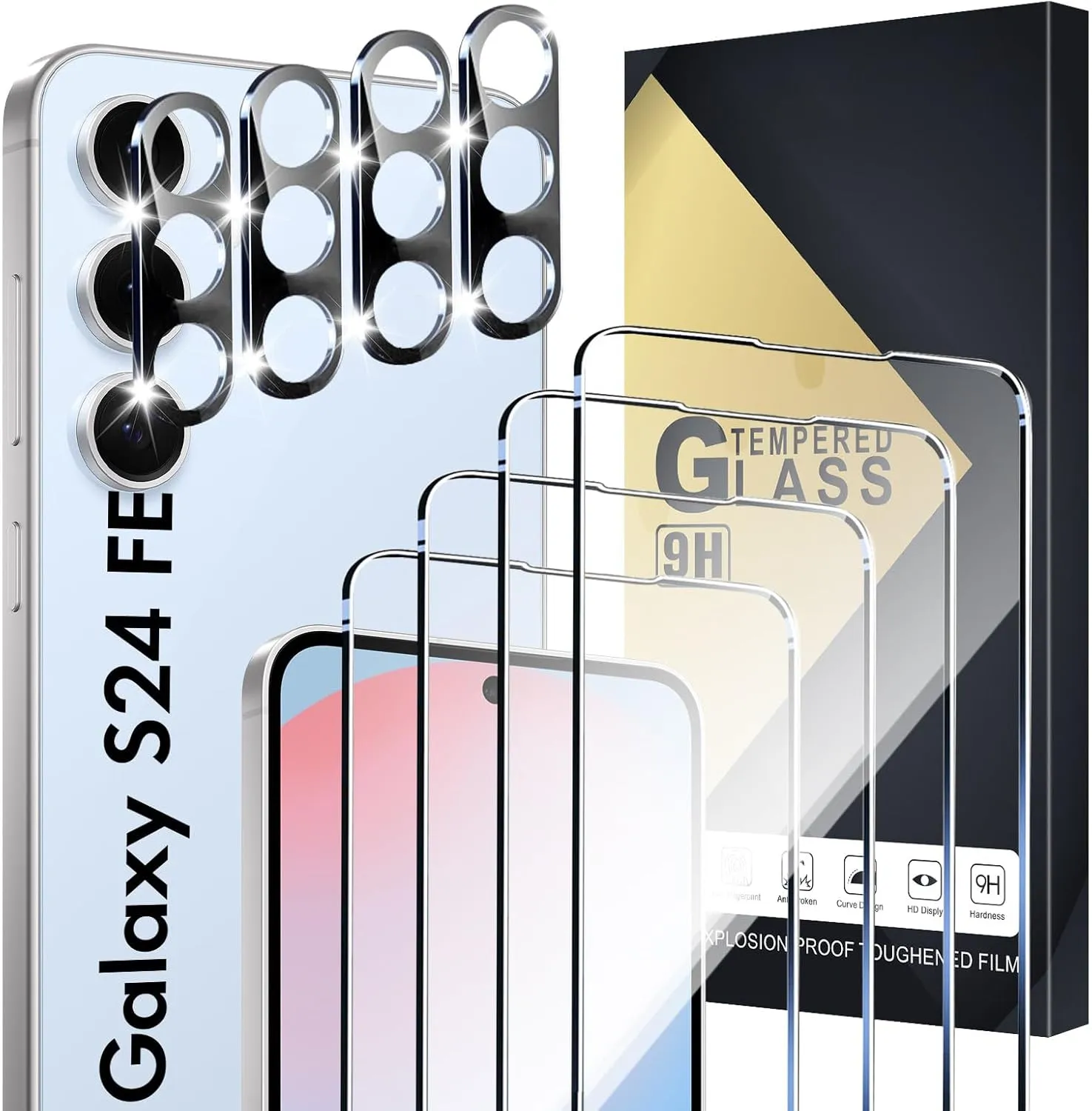 Screen Protector Compatible with Galaxy S24 FE 5G, [4 4 Pack] Camera Lens Protectors, Fingerprint Unlock Support, HD Tempered Glass, Touch Sensitive, Anti Scratch, Case Friendly