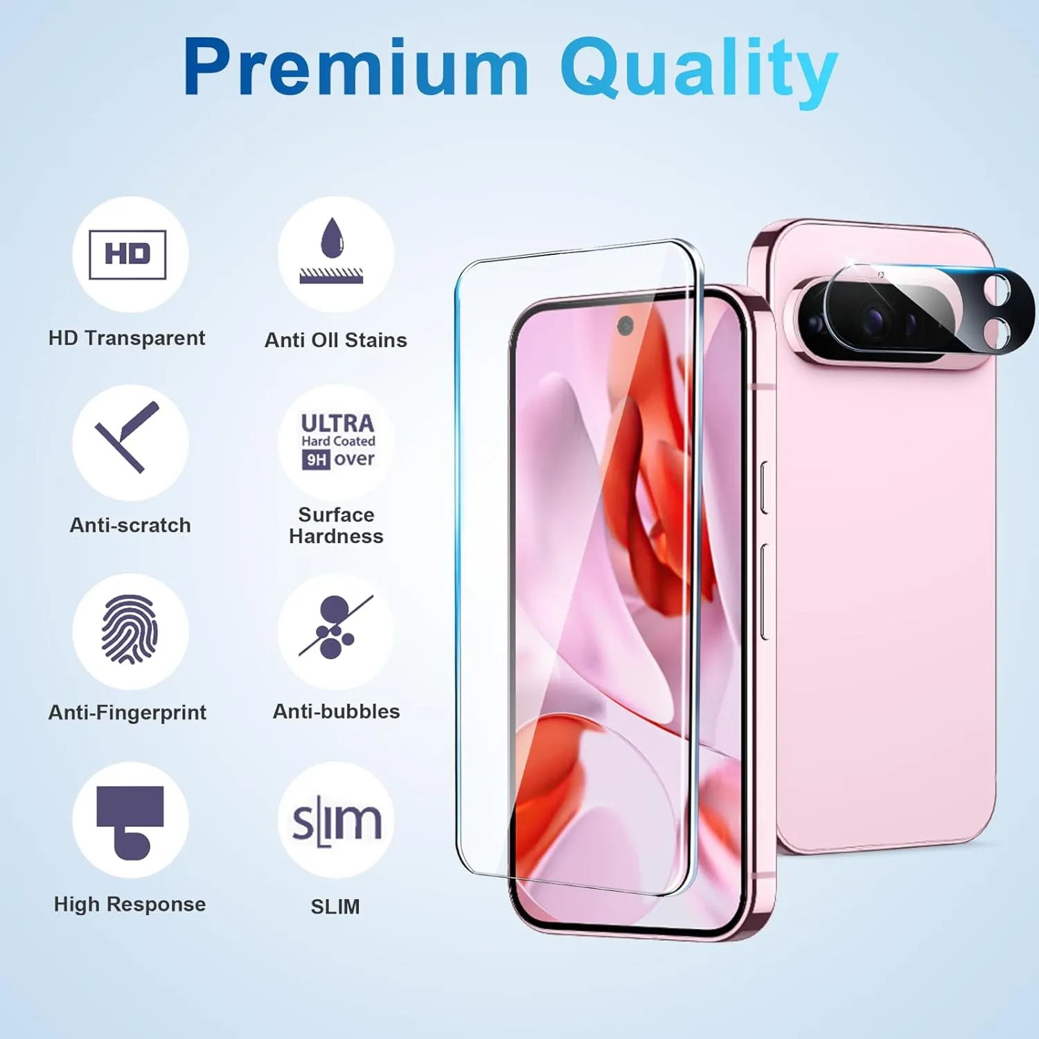 Screen Protector Compatible with Pixel 9 Pro 5G, [4 4 Pack] Camera Lens Protectors, HD Tempered Glass, Fingerprint Unlock Support, Touch Sensitive, Anti Scratch