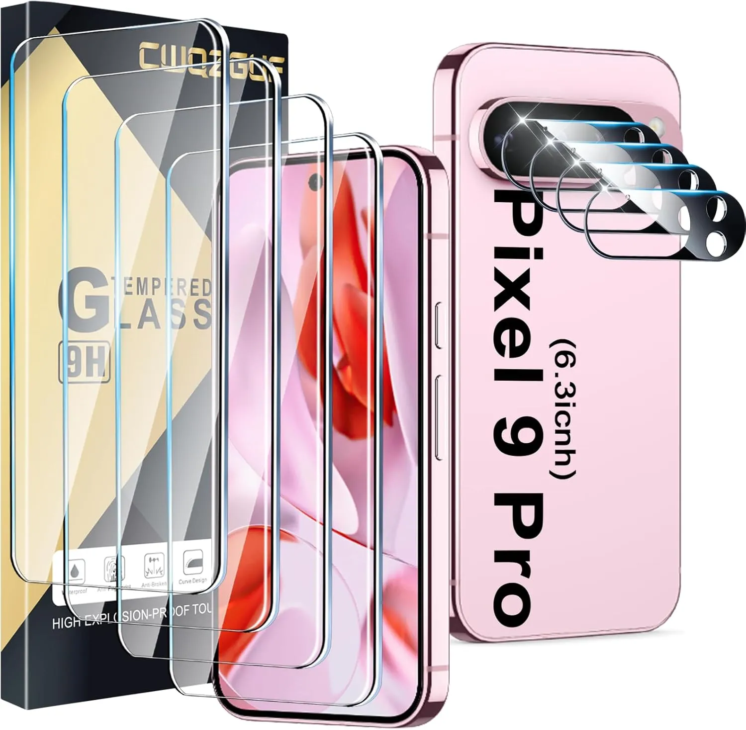 Screen Protector Compatible with Pixel 9 Pro 5G, [4 4 Pack] Camera Lens Protectors, HD Tempered Glass, Fingerprint Unlock Support, Touch Sensitive, Anti Scratch