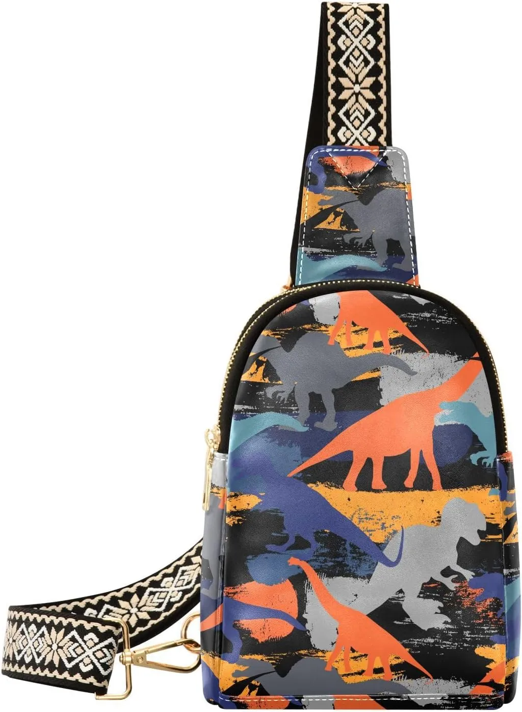 Seamless Dino Fanny Pack Crossbody PC Leather Small Sling Bag for Women Dinosaur Silhouette Fashion Waist Packs Chest Bag for Travel Sports Running Hiking