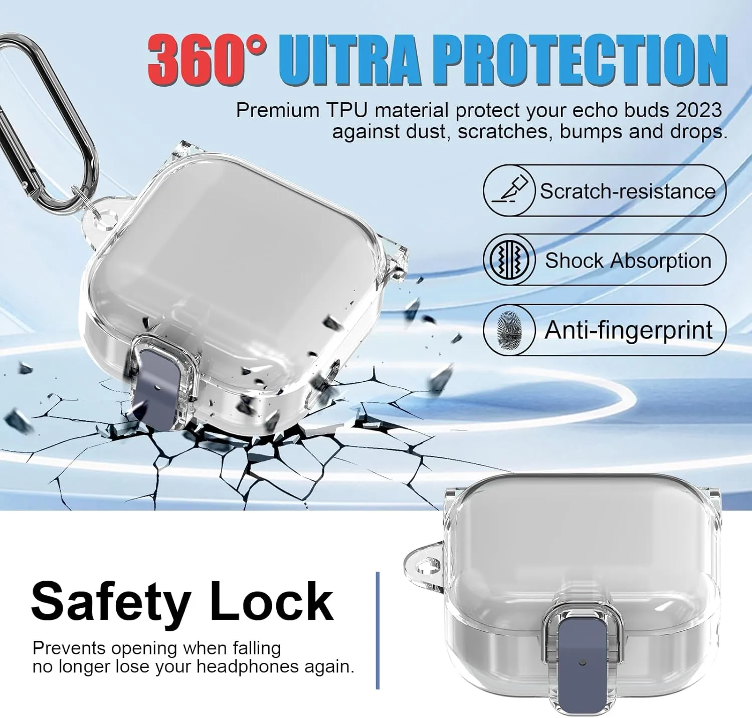 [Secure Lock] Clear Case Compatible with Echo Buds 2023 Case Cover, Anti-Scratch Protective Cover for All-New Echo Buds (2023 Release) Shockproof TPU Hard Shell with Keychain (Clear)