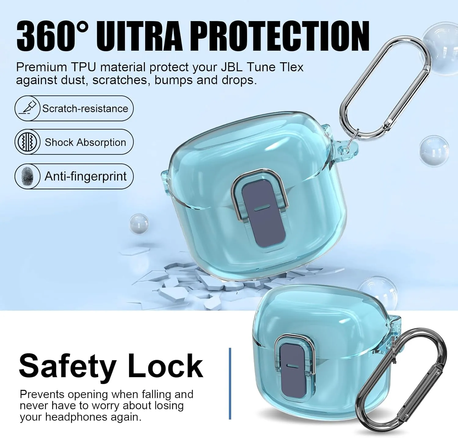 [Secure Lock] Clear Case for JBL Tune Flex Case Cover Compatible with JBL Tune Flex True Wireless Noise Cancelling Earbuds Anti-Scratch Protective Cover with Keychain (Clear Blue)