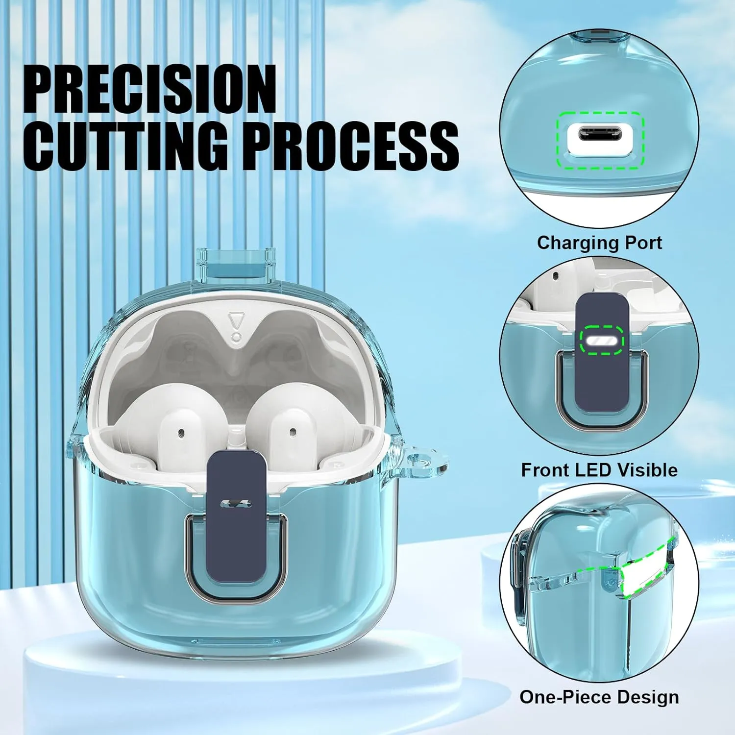 [Secure Lock] Clear Case for JBL Tune Flex Case Cover Compatible with JBL Tune Flex True Wireless Noise Cancelling Earbuds Anti-Scratch Protective Cover with Keychain (Clear Blue)