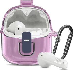 [Secure Lock] Clear Case for JBL Tune Flex Case Cover Compatible with JBL Tune Flex True Wireless Noise Cancelling Earbuds Anti-Scratch Protective Cover with Keychain (Clear Purple)