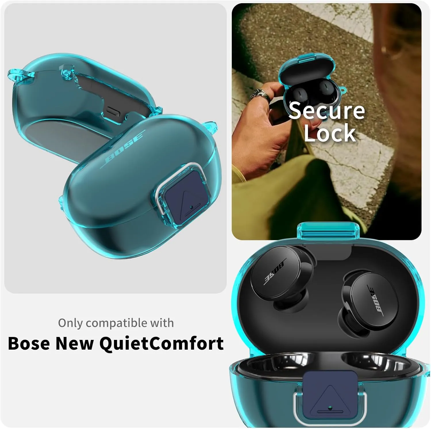 [Secure Lock] for Bose New QuietComfort Earbuds Case, Soft Clear TPU Shockproof Protective Case Cover for Bose New QuietComfort Accessories with Cleaning Kit & Keychain & Lanyard (Clear Blue)