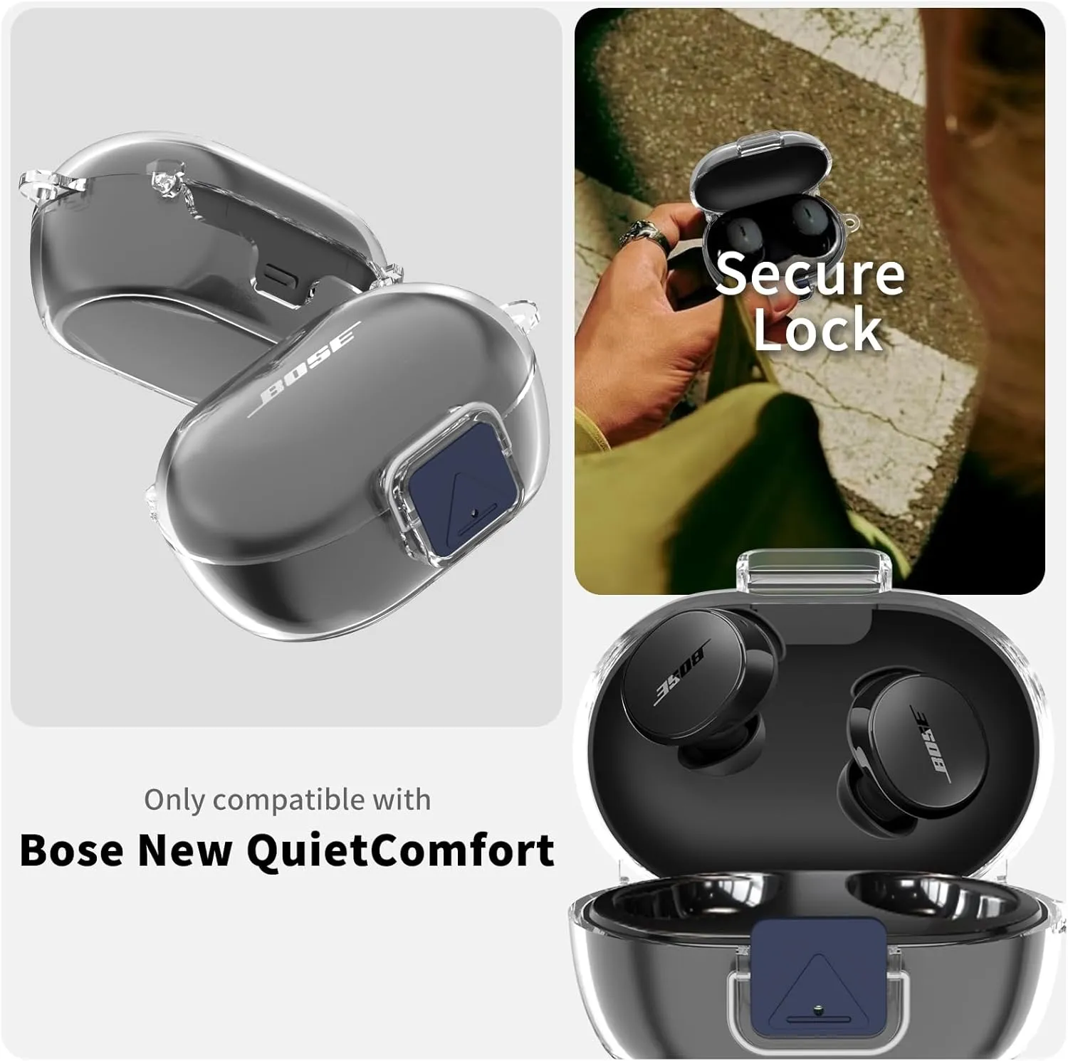 [Secure Lock] for Bose New QuietComfort Earbuds Case, Soft Clear TPU Shockproof Protective Case Cover for Bose New QuietComfort Accessories with Cleaning Kit & Keychain & Lanyard (Clear)