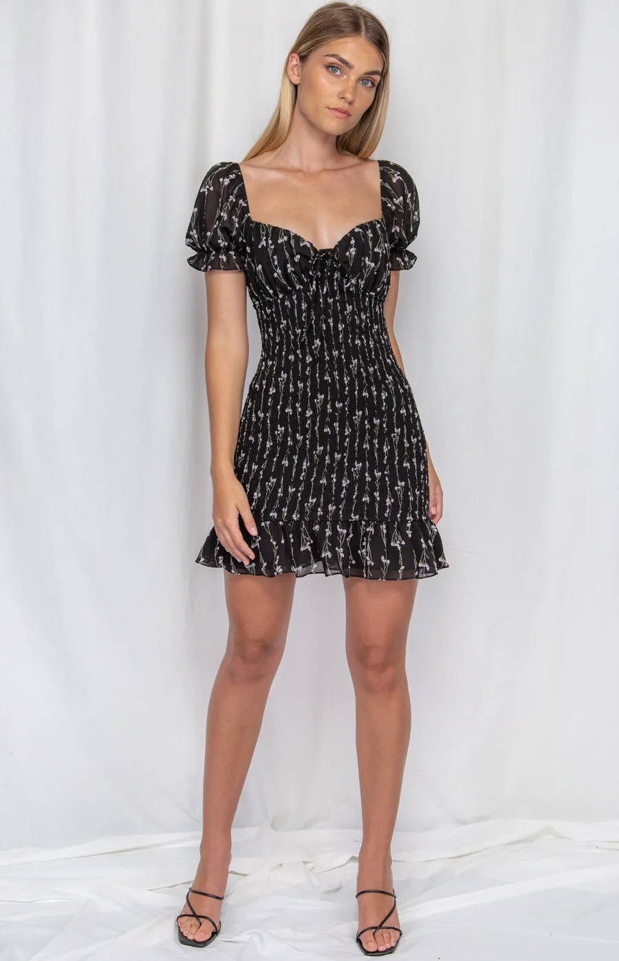 Shirred Mini Dress. Classy Dainty Floral Dress