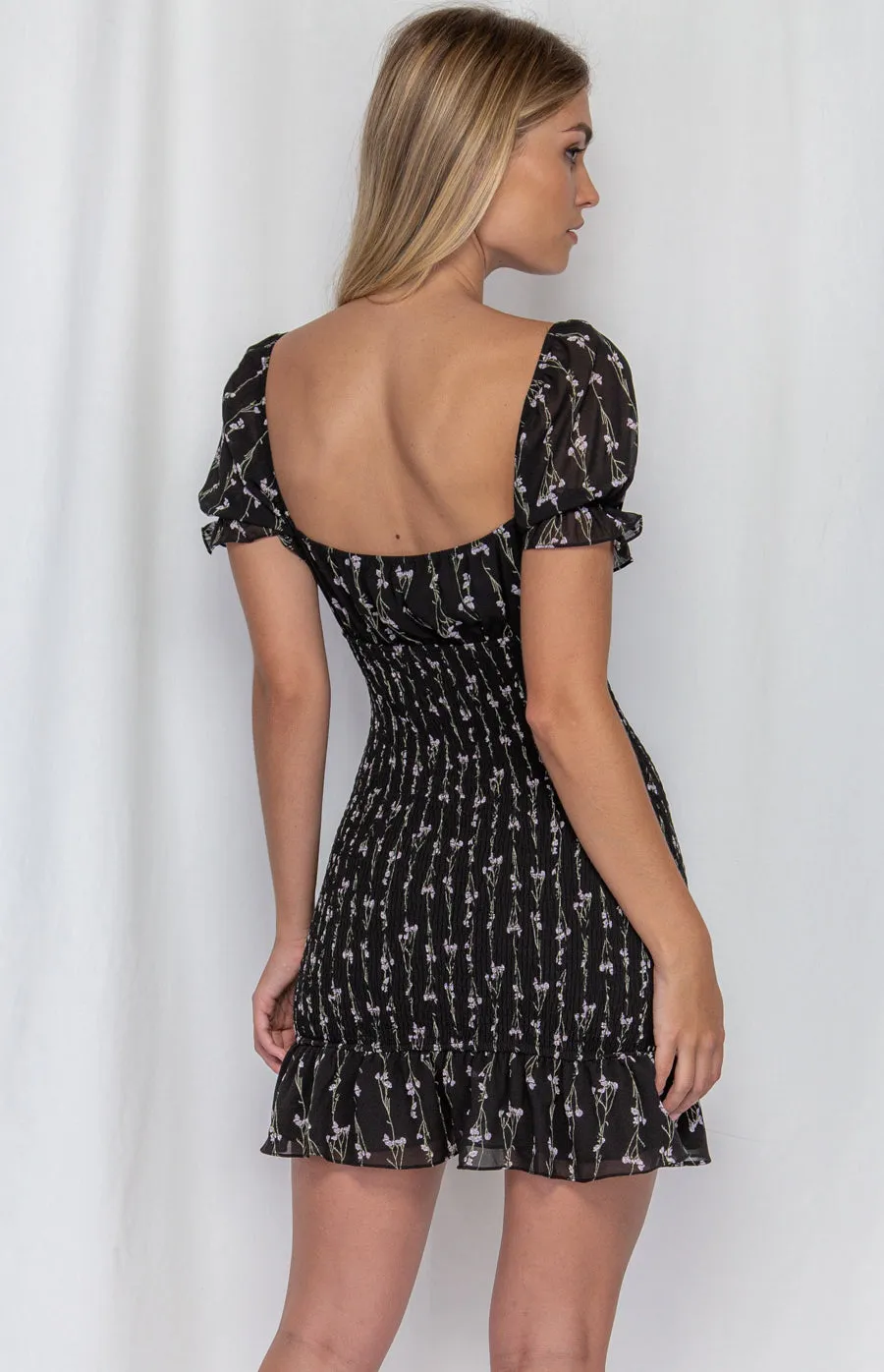 Shirred Mini Dress. Classy Dainty Floral Dress