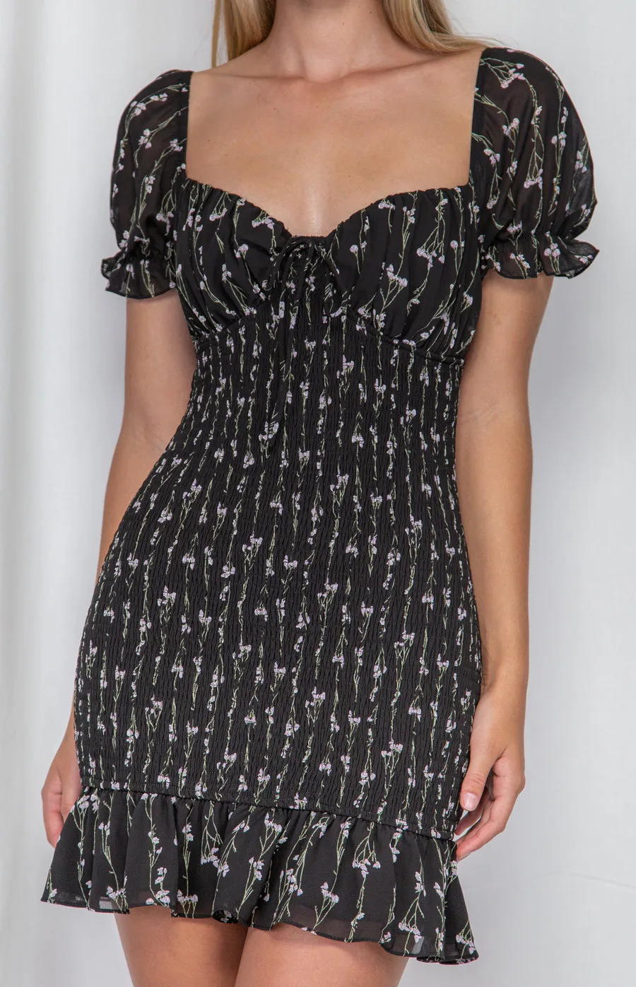 Shirred Mini Dress. Classy Dainty Floral Dress