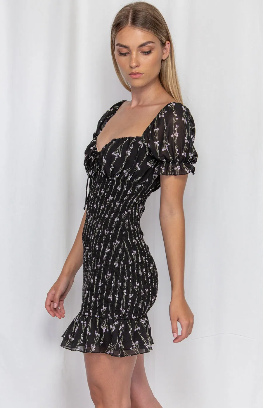 Shirred Mini Dress. Classy Dainty Floral Dress