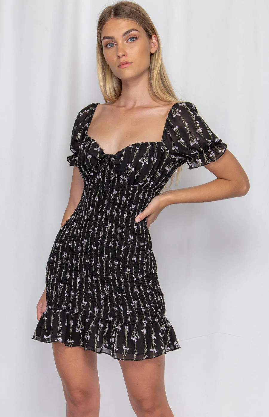 Shirred Mini Dress. Classy Dainty Floral Dress