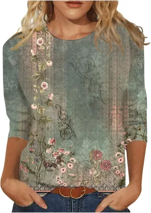 Shirts for Women Summer 3/4 Sleeve Crew Neck Floral Blouse Womens Tops Dressy Casual T-Shirt Painted Graphic Tees
