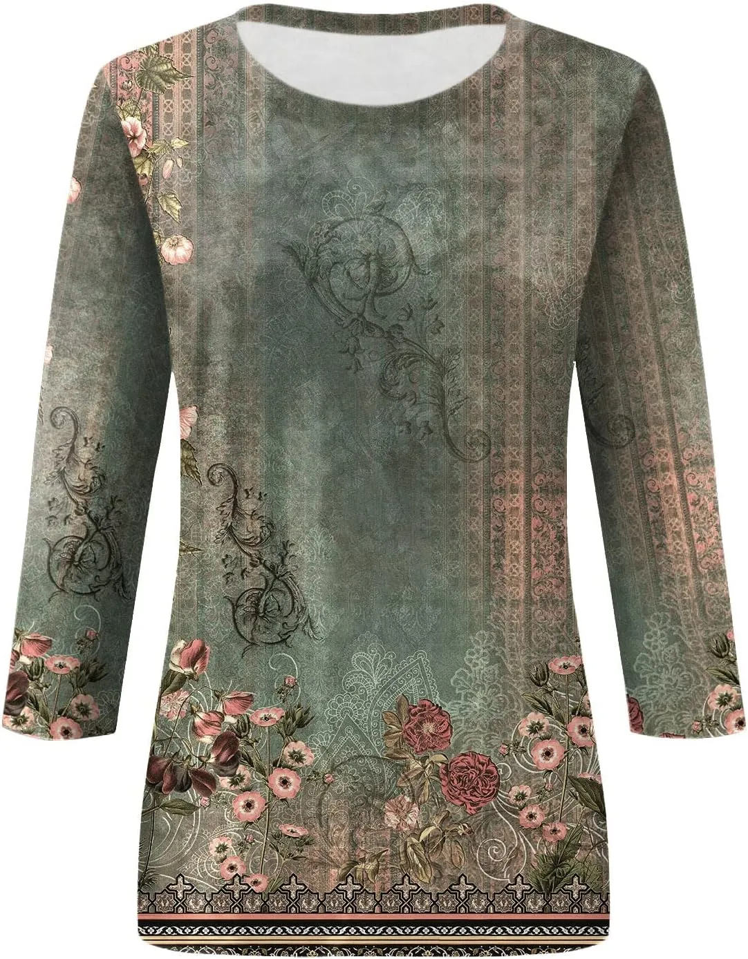 Shirts for Women Summer 3/4 Sleeve Crew Neck Floral Blouse Womens Tops Dressy Casual T-Shirt Painted Graphic Tees
