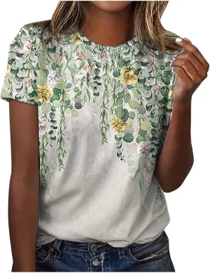 Short Sleeve Shirts for Women Women's Fashion Casual Short Sleeve Floral Print Round Neck Pullover Top Blouse