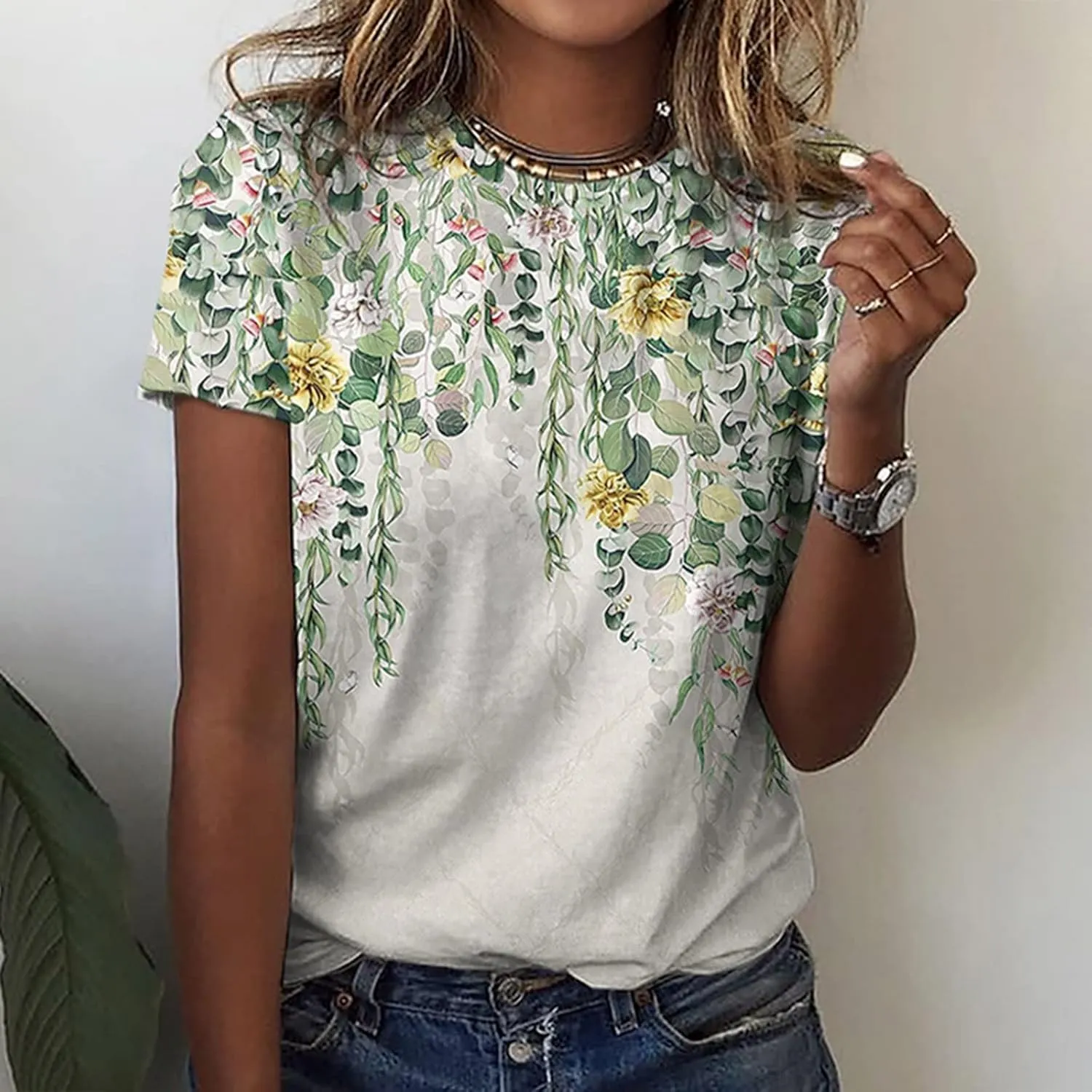 Short Sleeve Shirts for Women Women's Fashion Casual Short Sleeve Floral Print Round Neck Pullover Top Blouse