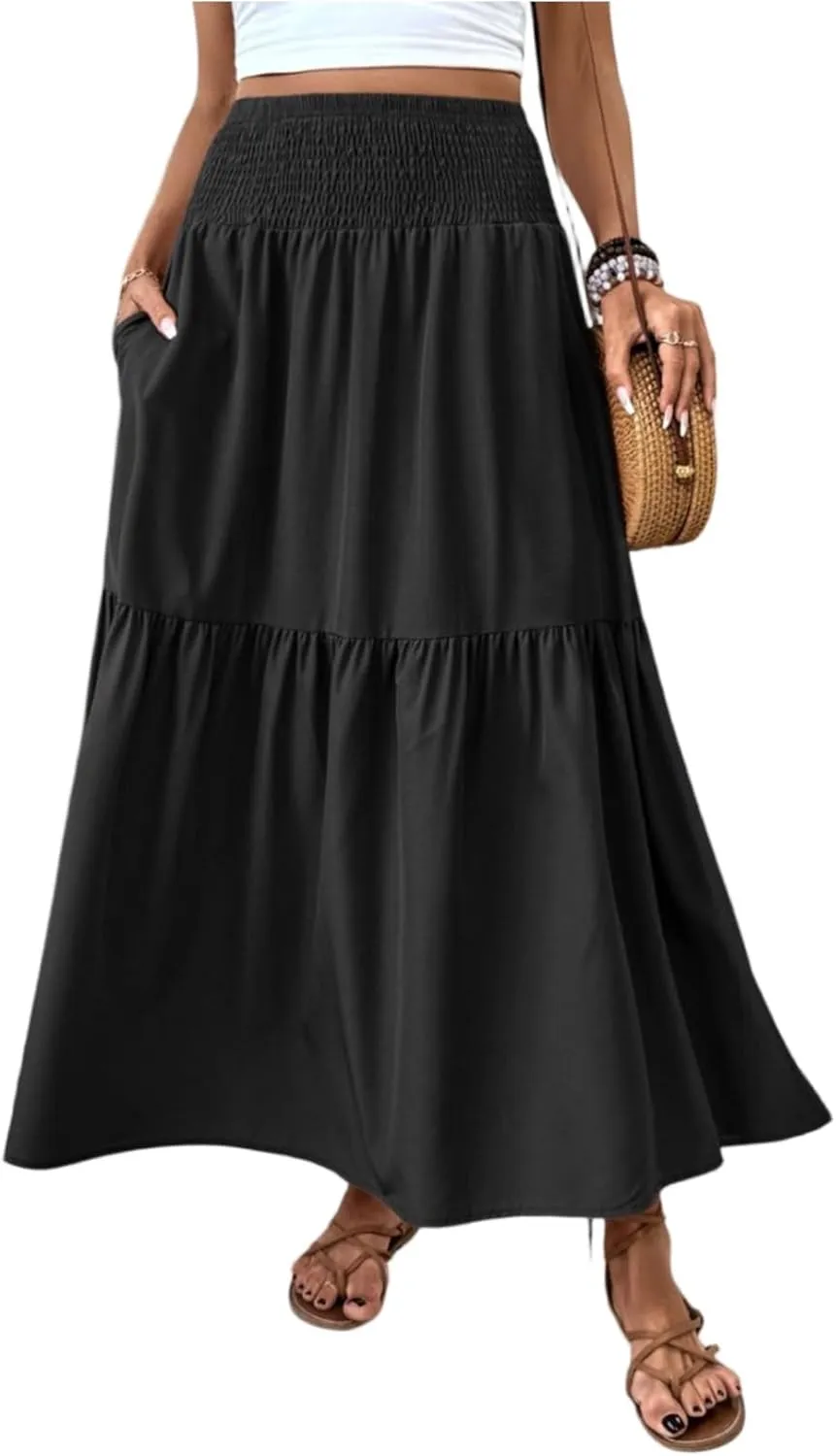 Skirts for Women Fashion Patchwork Pleated Skirt Trendy Solid A-Line Elastic High Waist Beach Vacation Maxi Skirt
