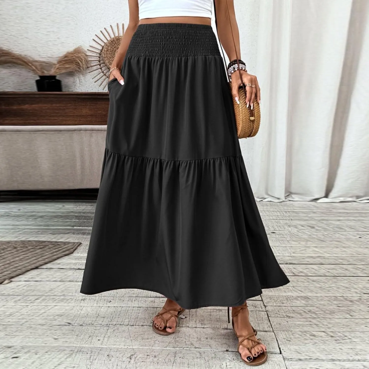 Skirts for Women Fashion Patchwork Pleated Skirt Trendy Solid A-Line Elastic High Waist Beach Vacation Maxi Skirt