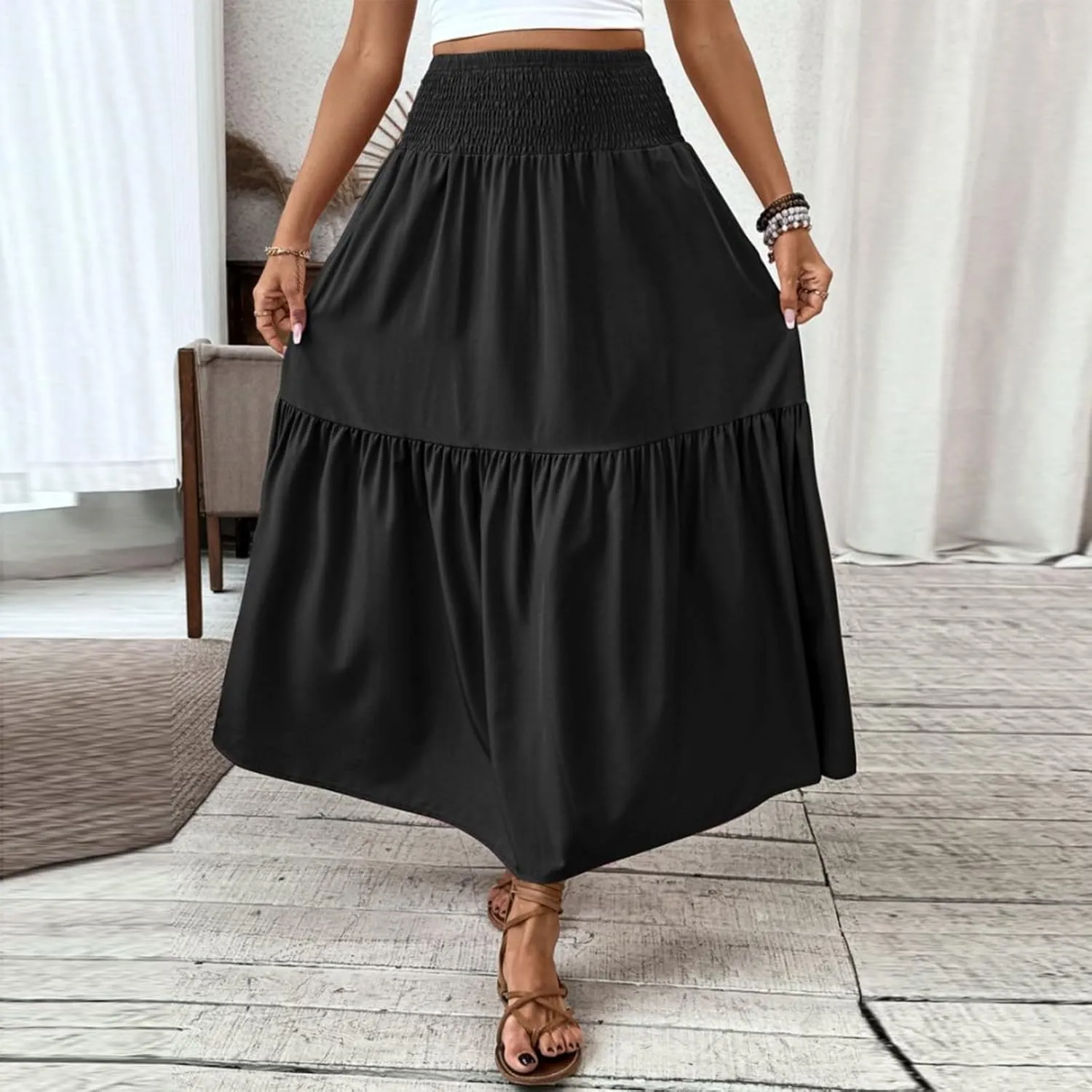 Skirts for Women Fashion Patchwork Pleated Skirt Trendy Solid A-Line Elastic High Waist Beach Vacation Maxi Skirt