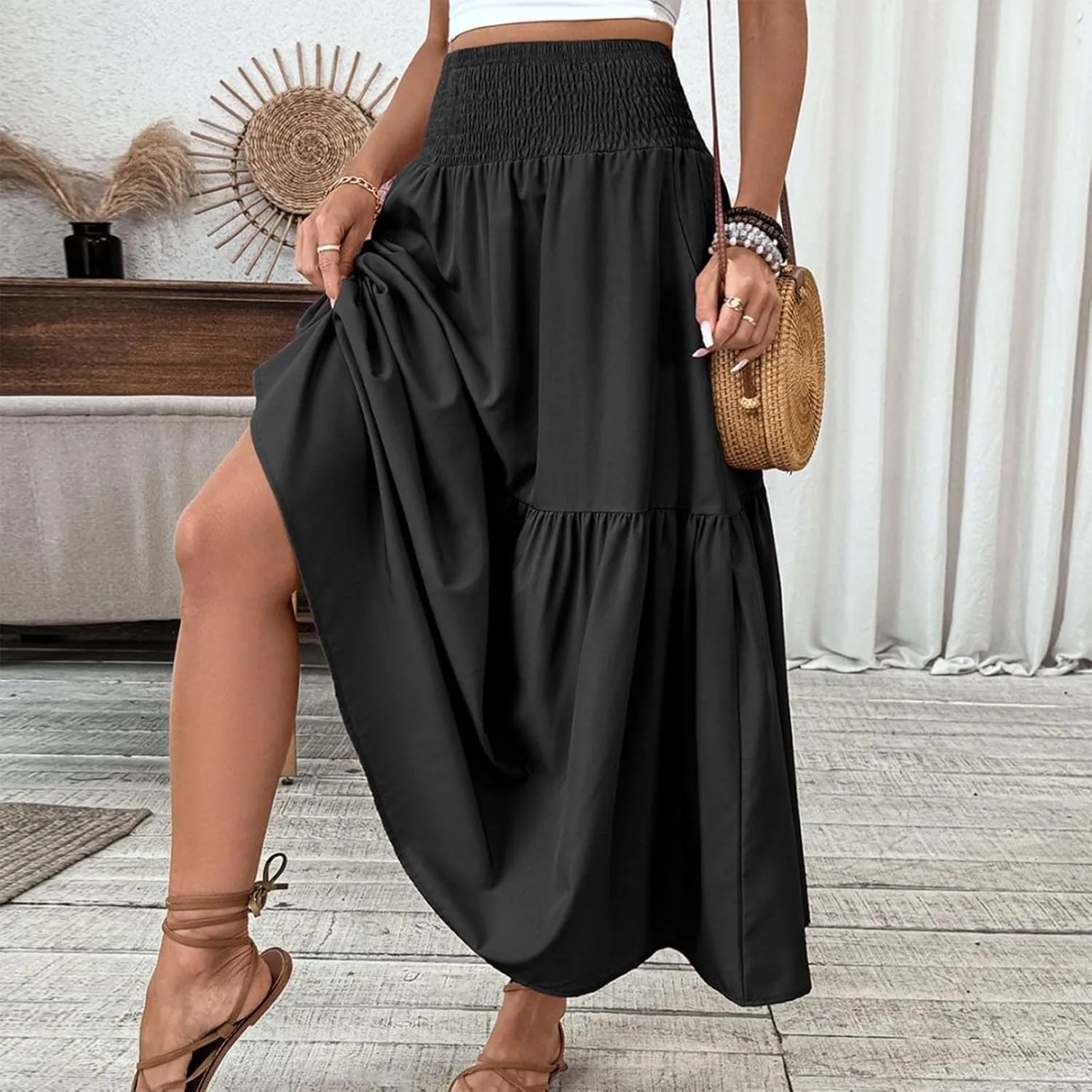 Skirts for Women Fashion Patchwork Pleated Skirt Trendy Solid A-Line Elastic High Waist Beach Vacation Maxi Skirt