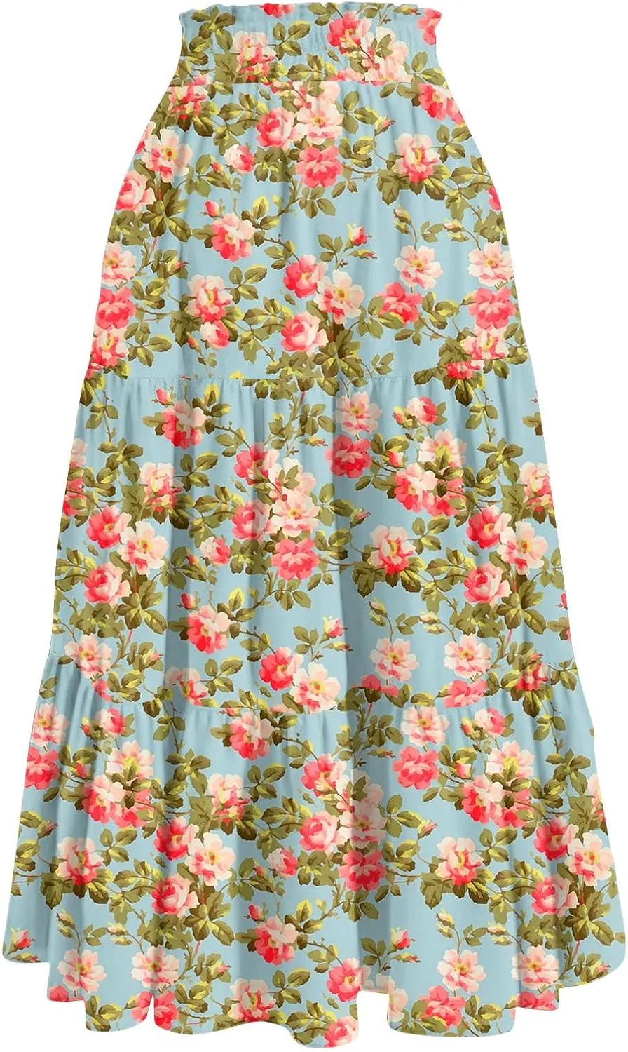 Skirts for Women Trendy Summer Tiered Elastic High Waisted Floral Skirt Vacation A Line Drawstring Flowy Long Skirts