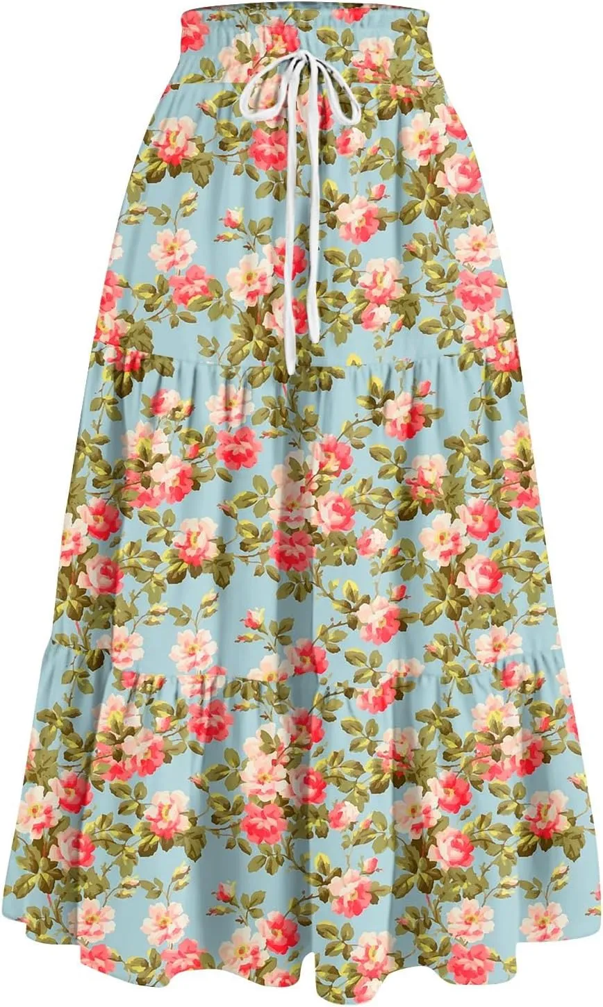Skirts for Women Trendy Summer Tiered Elastic High Waisted Floral Skirt Vacation A Line Drawstring Flowy Long Skirts
