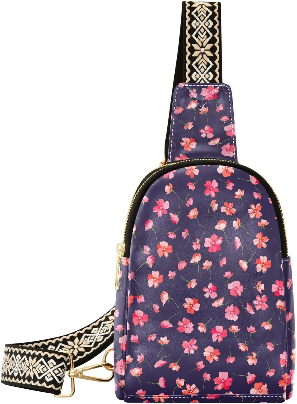 Small Cute Wild Flowers Fanny Pack Crossbody PC Leather Small Sling Bag for Women Red Floral Fashion Waist Packs Chest Bag for Travel Sports Running Hiking