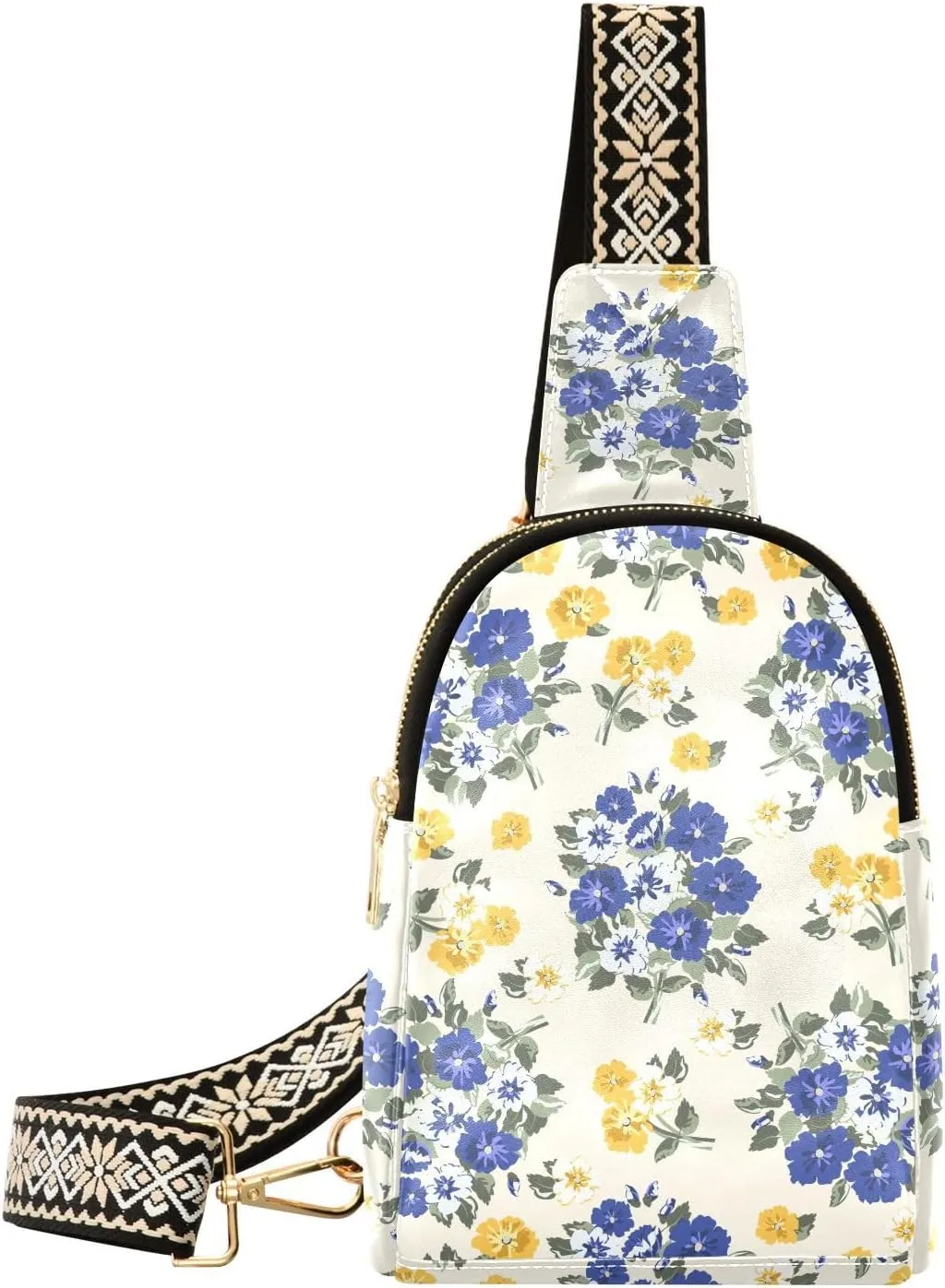 Small Flowers Bouquets Fanny Pack Crossbody PC Leather Small Sling Bag for Women Blue and Yellow Fashion Waist Packs Chest Bag for Travel Sports Running Hiking