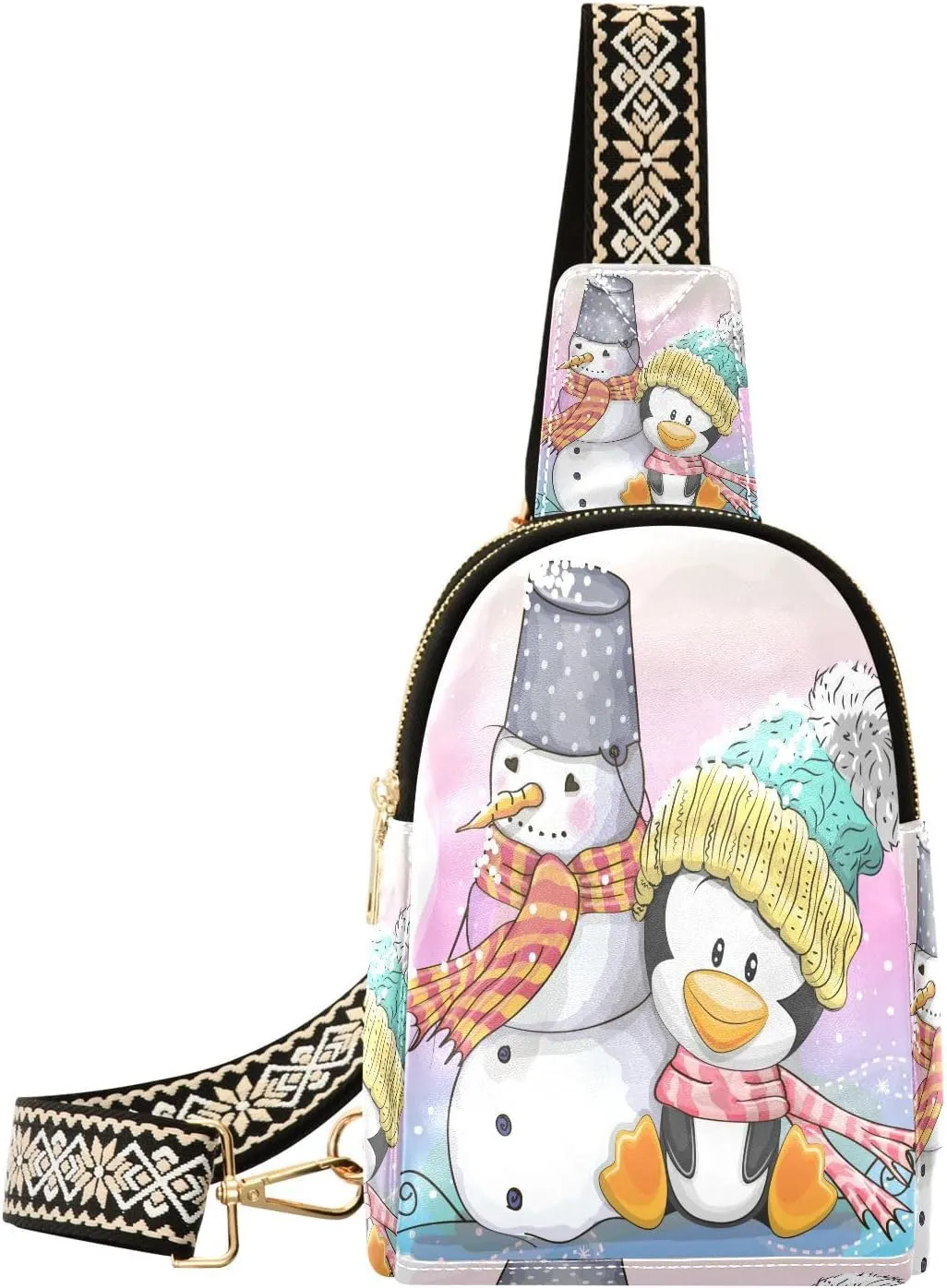 Small Sling Bag Fanny Packs Crossbody Bags for Women Cute Penguin Snowman Leather Fashion Chest Bag Belt Bag for Women for Travel Sports Running Hiking