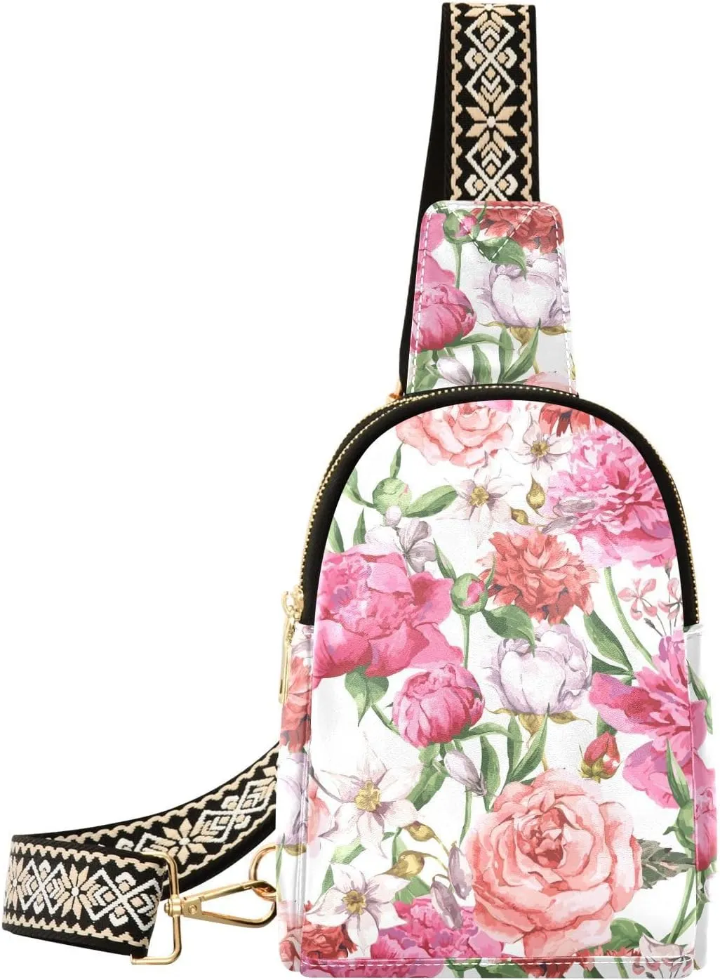 Small Sling Bag Fanny Packs Crossbody Bags for Women Pink Peonies and Roses Leather Fashion Chest Bag Belt Bag for Women for Travel Sports Running Hiking