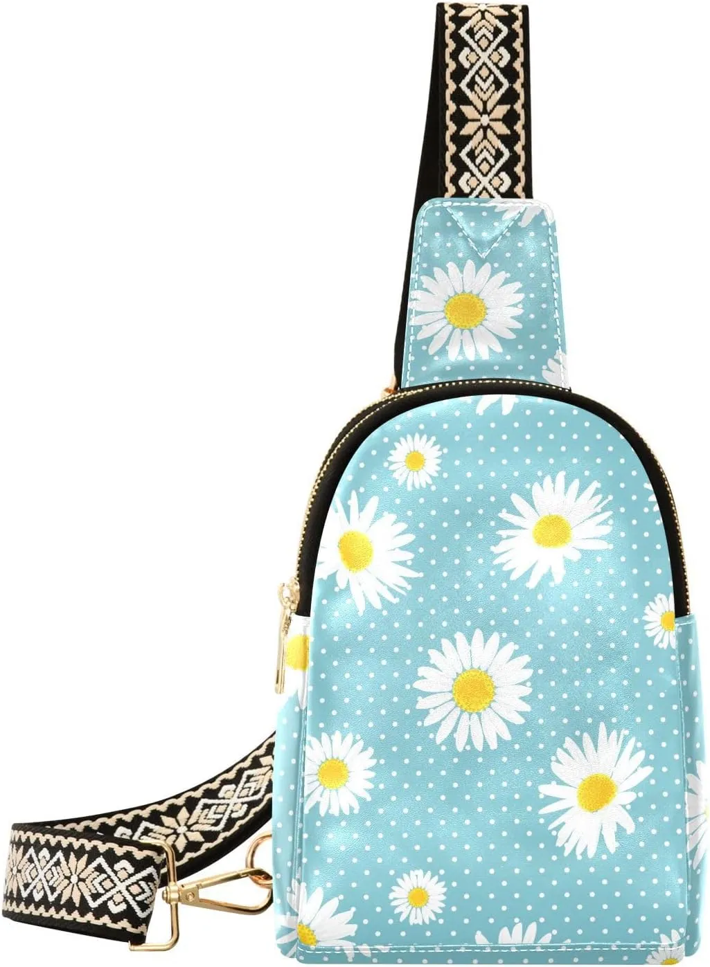 Small Sling Bag for Women Daisy Flowers PC Leather Fanny Pack Crossbody Polka Dots Fashion Waist Packs Chest Bag for Travel Sports Running Hiking