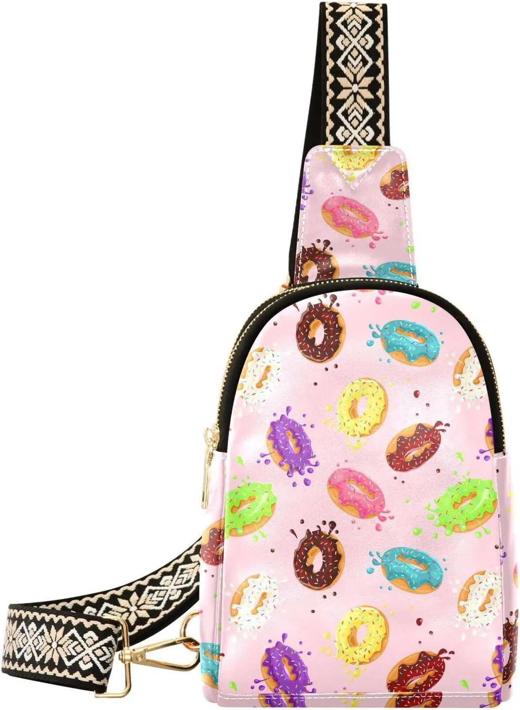Small Sling Bag for Women Donuts Chocolate Lemon PC Leather Fanny Pack Crossbody Falling on Pink Fashion Waist Packs Chest Bag for Travel Sports Running Hiking