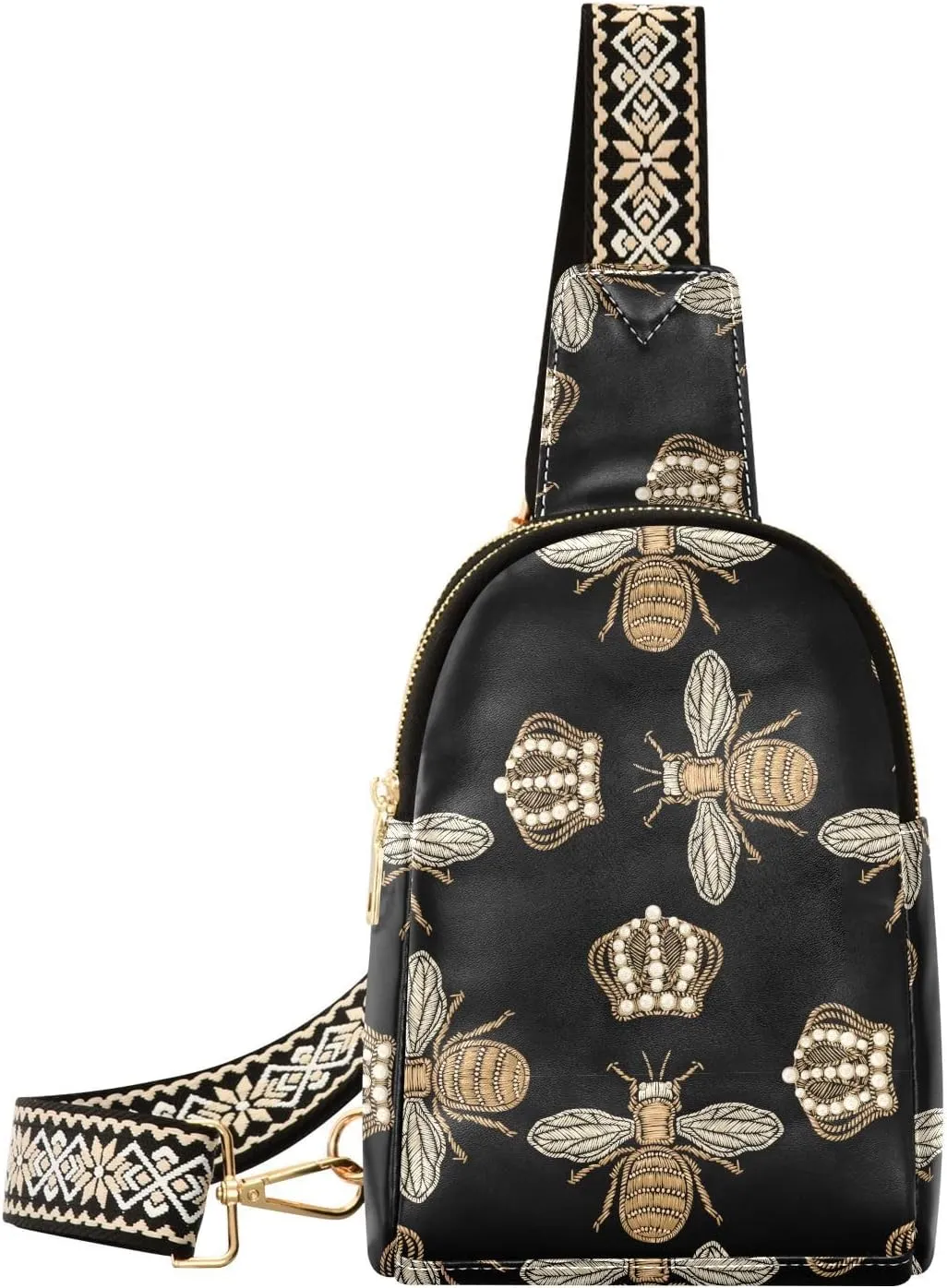 Small Sling Bag for Women Embroidery Crown Bees PC Leather Fanny Pack Crossbody Unique Insect Fashion Waist Packs Chest Bag for Travel Sports Running Hiking