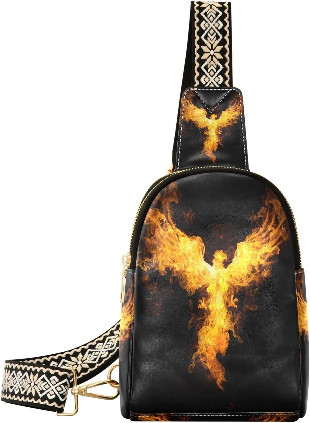 Small Sling Bag for Women Fire Eagle PC Leather Fanny Pack Crossbody Black Fashion Waist Packs Chest Bag for Travel Sports Running Hiking