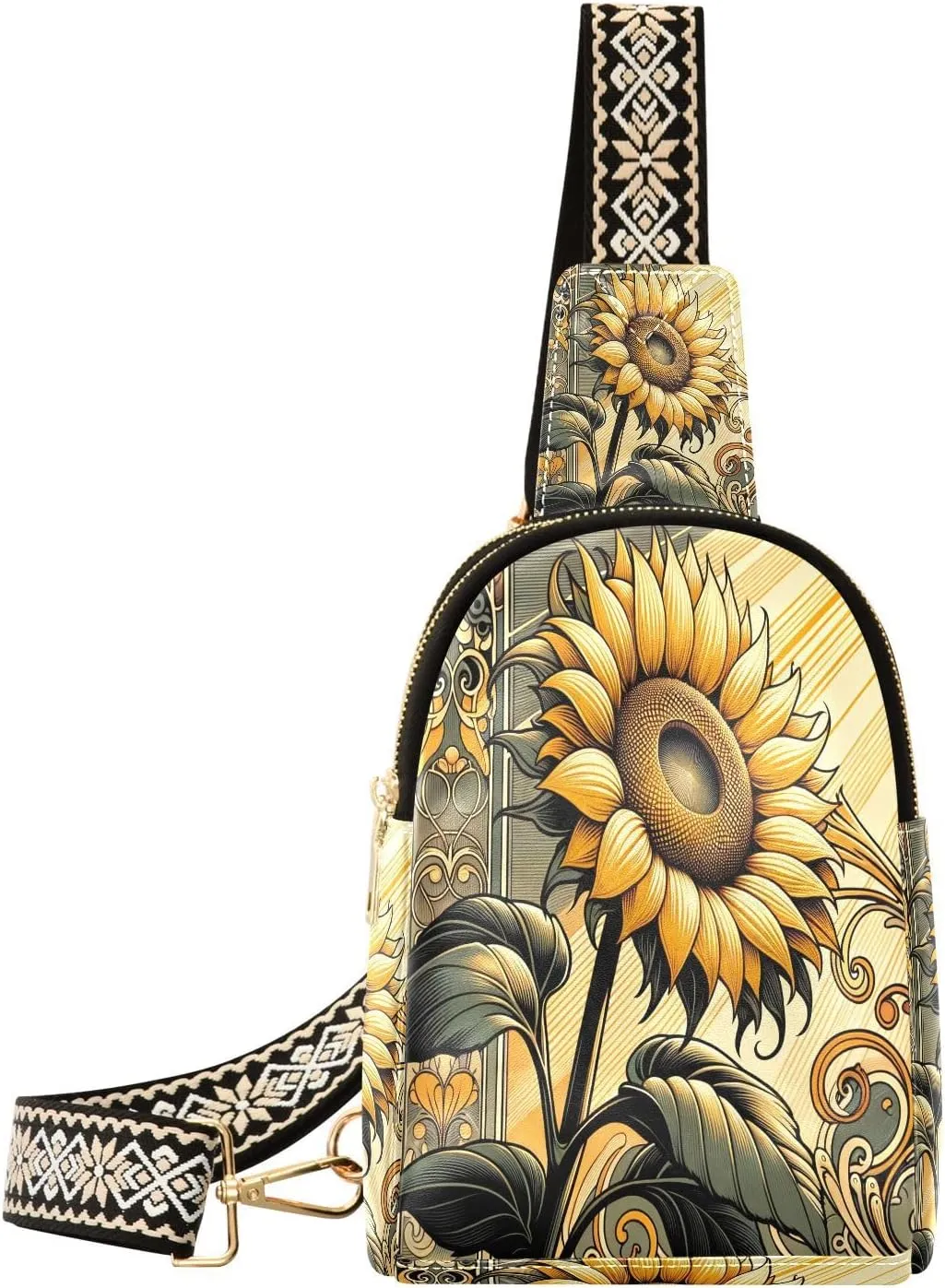 Small Sling Bag for Women Golden Sunflower PC Leather Fanny Pack Crossbody Sun Fashion Waist Packs Chest Bag for Travel Sports Running Hiking