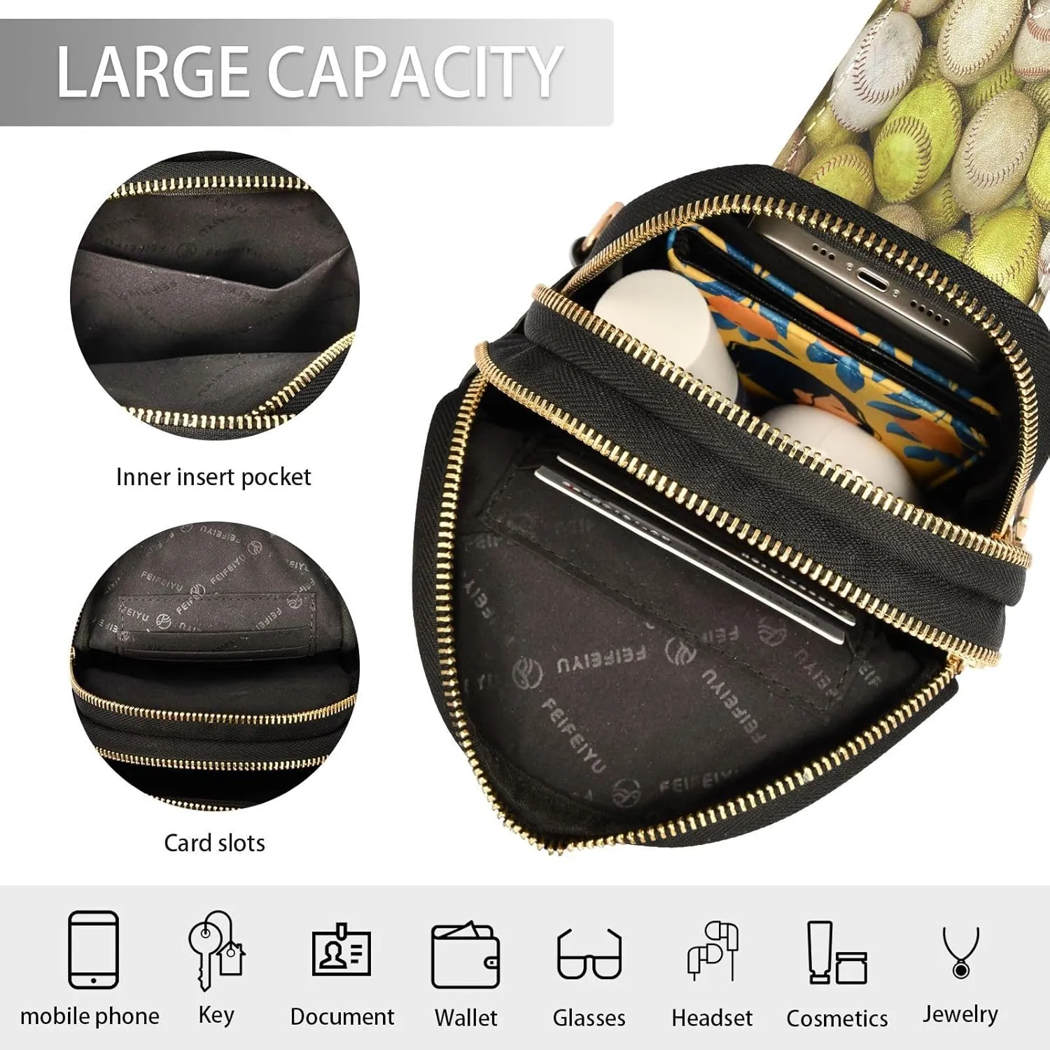 Small Sling Bag for Women Old Softballs and Baseballs PC Leather Fanny Pack Crossbody Fashion Waist Packs Chest Bag for Travel Sports Running Hiking