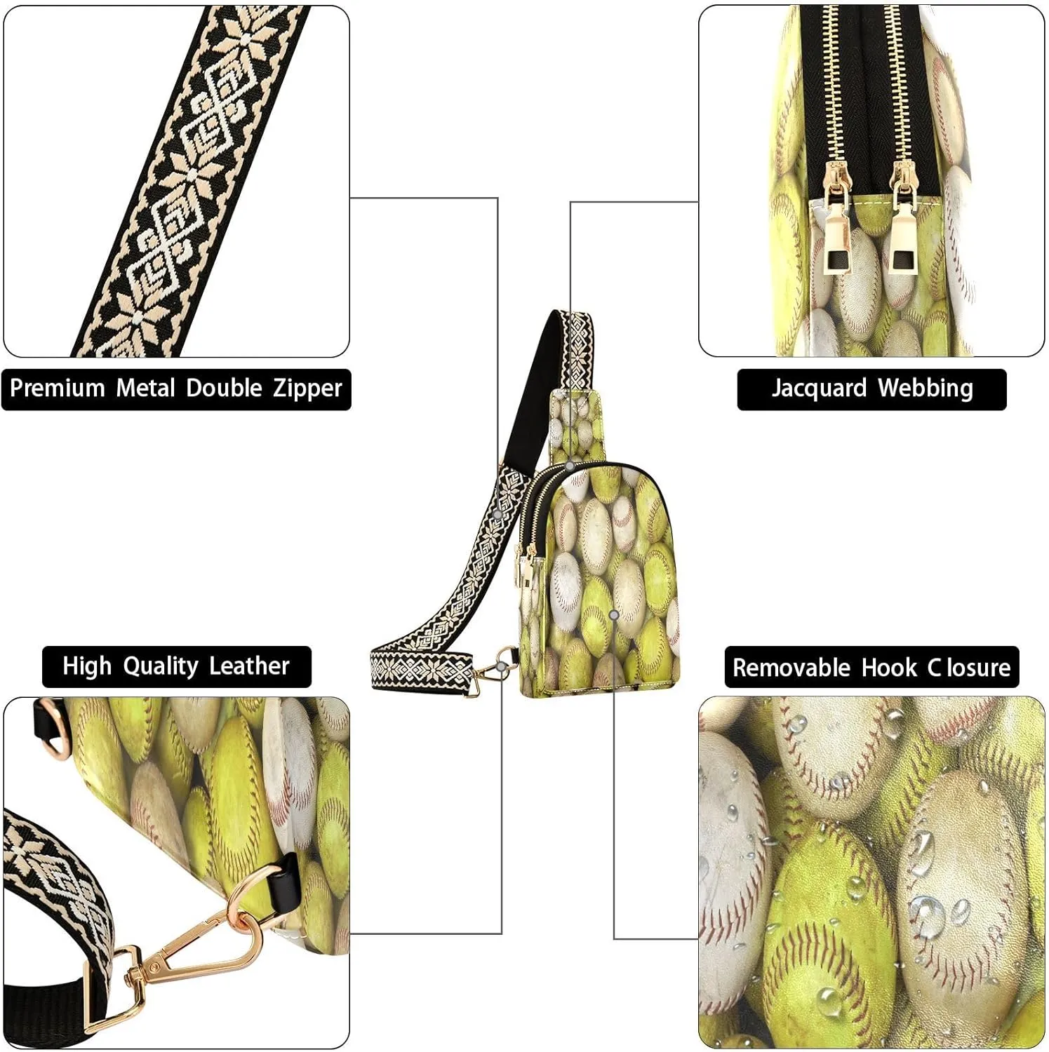 Small Sling Bag for Women Old Softballs and Baseballs PC Leather Fanny Pack Crossbody Fashion Waist Packs Chest Bag for Travel Sports Running Hiking