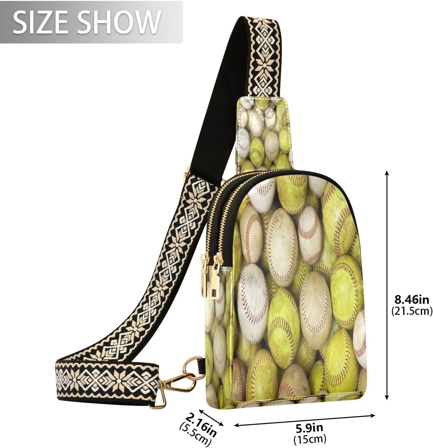 Small Sling Bag for Women Old Softballs and Baseballs PC Leather Fanny Pack Crossbody Fashion Waist Packs Chest Bag for Travel Sports Running Hiking